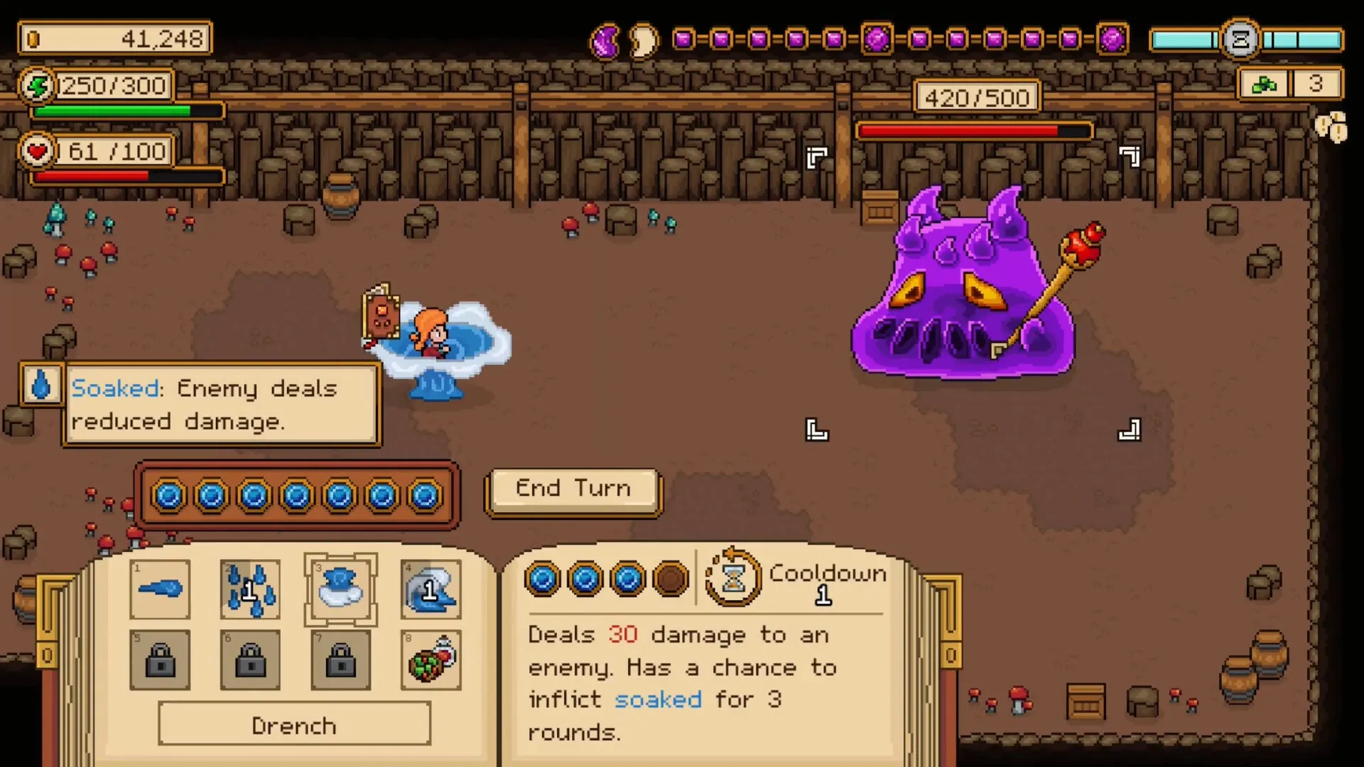 Seeds of Calamity: Player casting Drench spell on giant purple monster in a wooden dungeon arena