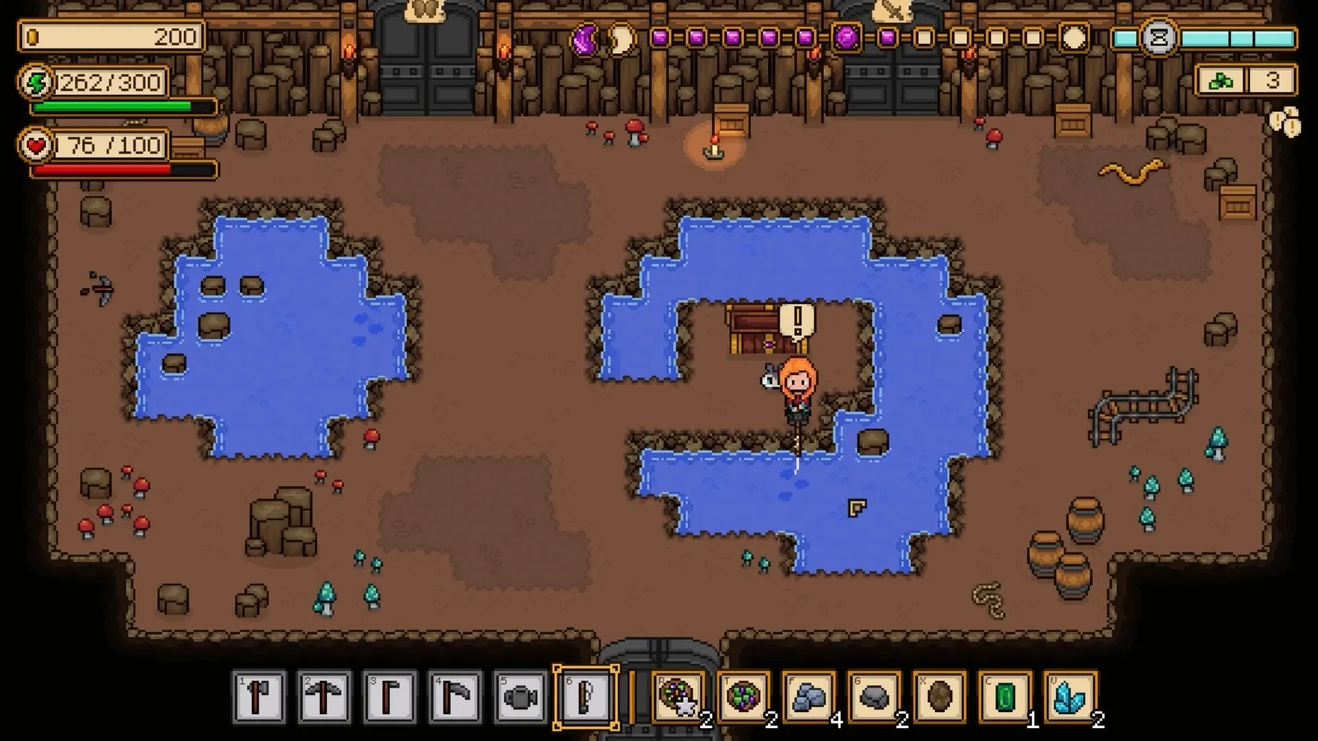 Seeds of Calamity: Character fishing beside a pond in a cave with inventory menu and health bars visible.