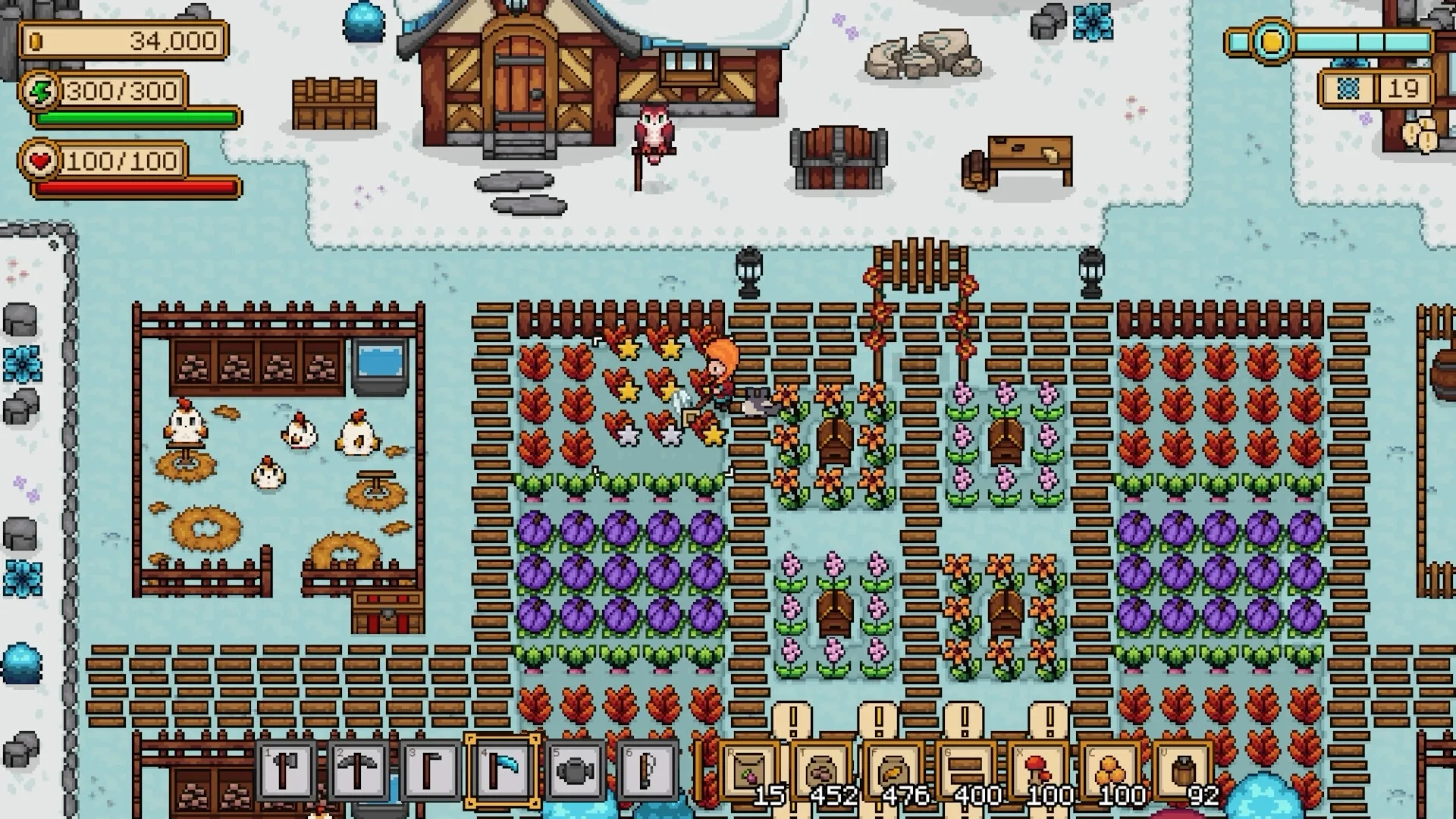 Seeds of Calamity: Character farming crops and caring for chickens in a snowy village environment.