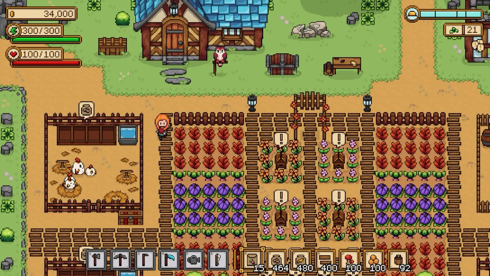 Seeds of Calamity: Character tends crops and chickens in a vibrant farm beside a cozy house.
