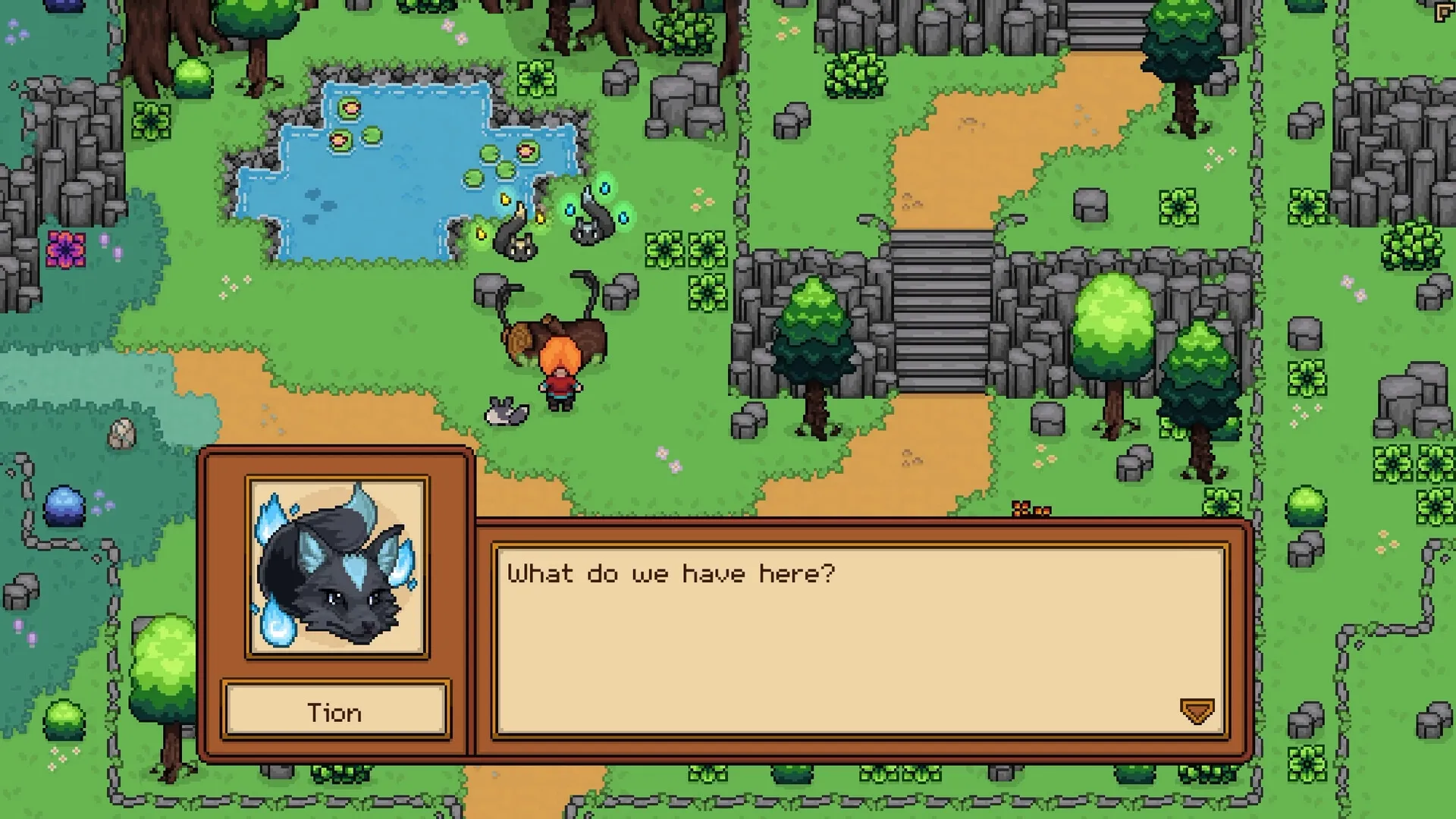 Seeds of Calamity: Character Tion encounters glowing creatures by a pond in a lush forest setting.