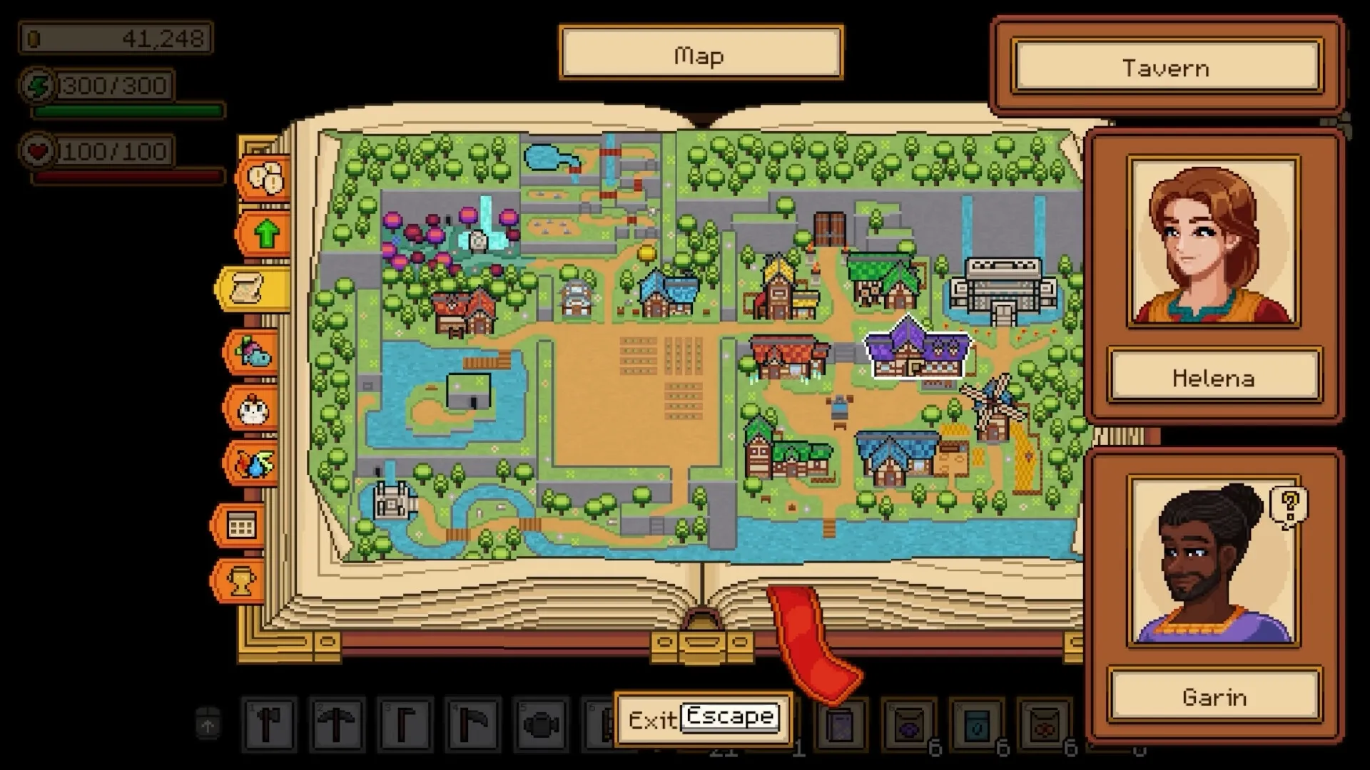Seeds of Calamity: Open map with village layout, character portraits of Helena and Garin on the right.