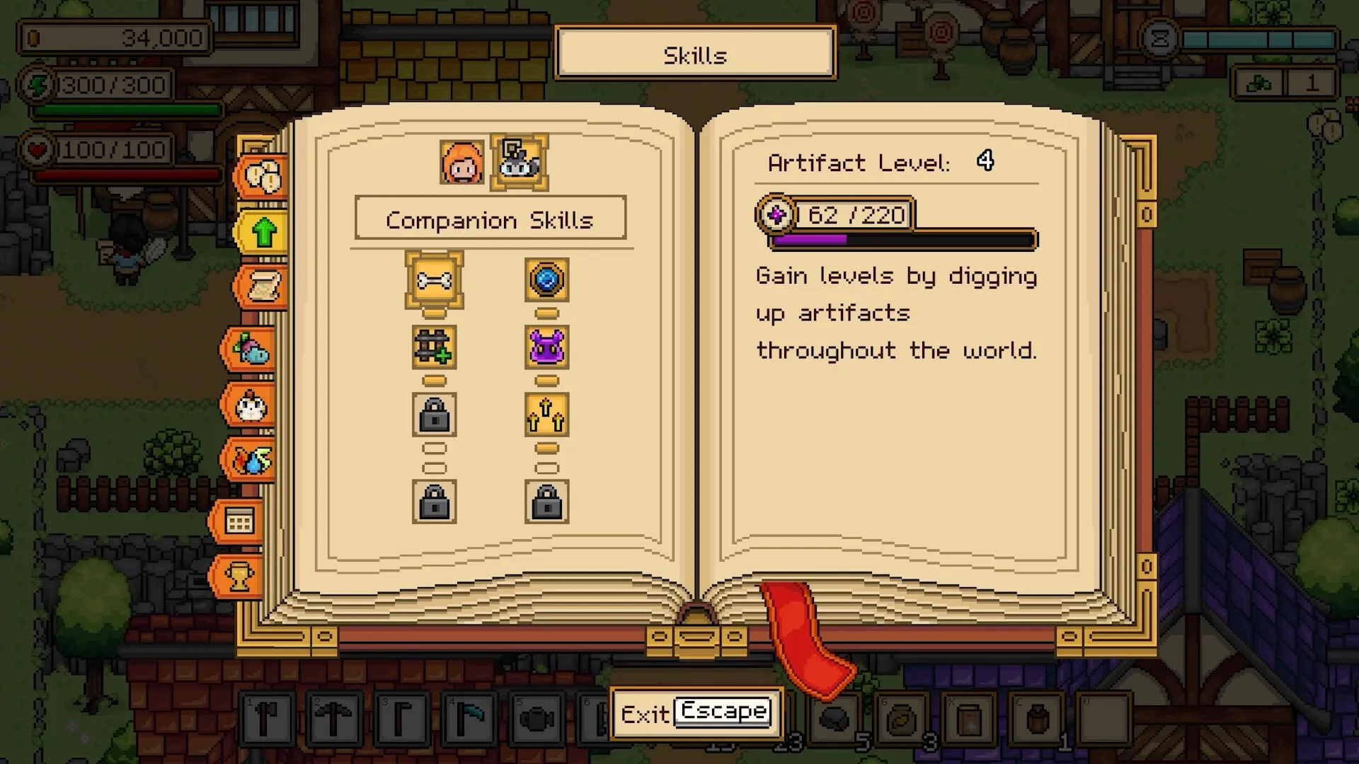 Seeds of Calamity: Open Spellbook Companion skills page with artifact level and village background