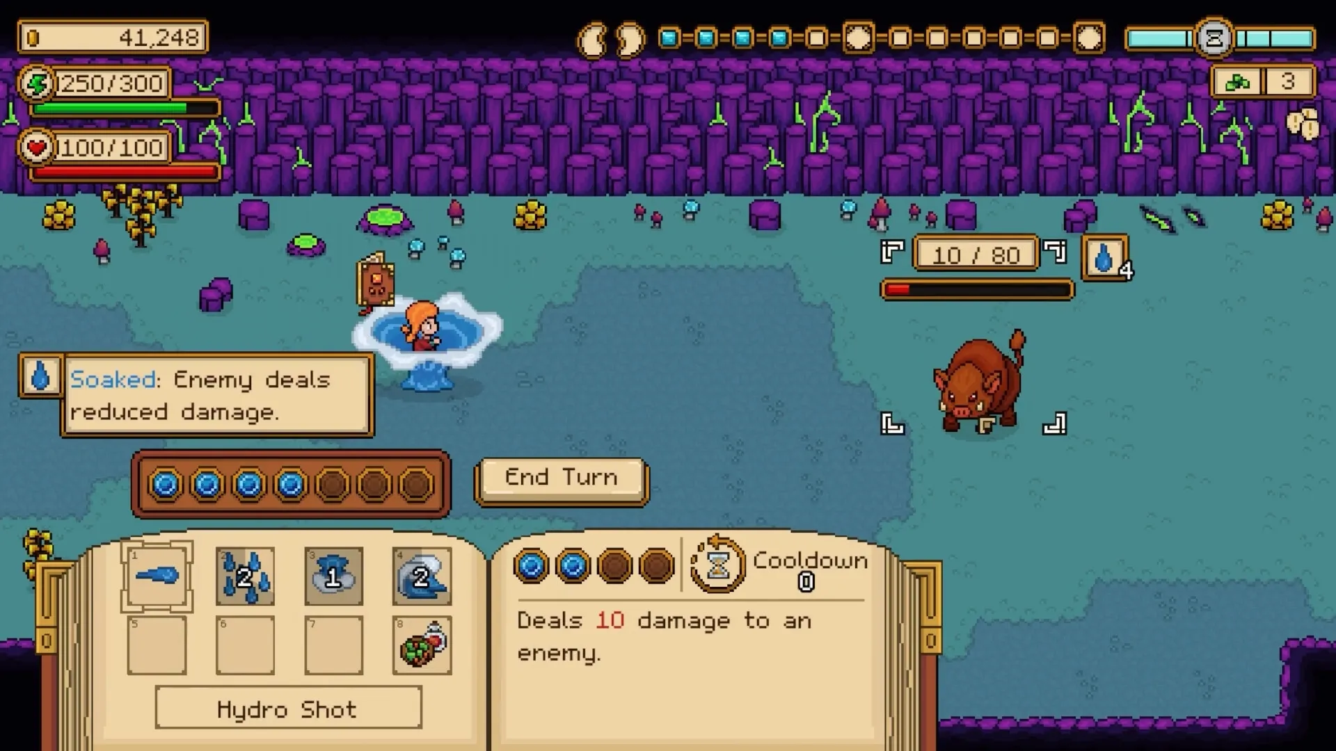 Seeds of Calamity: Player casting Hydro Shot on enemy boar in turn-based combat with UI elements visible.