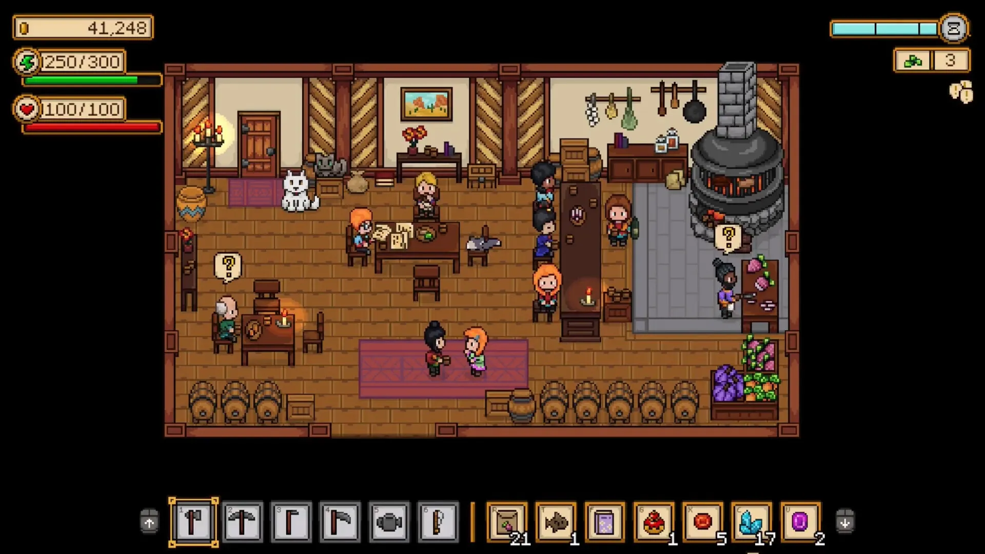 Seeds of Calamity: Busy tavern interior with NPC interactions, crafting items, and currency display.