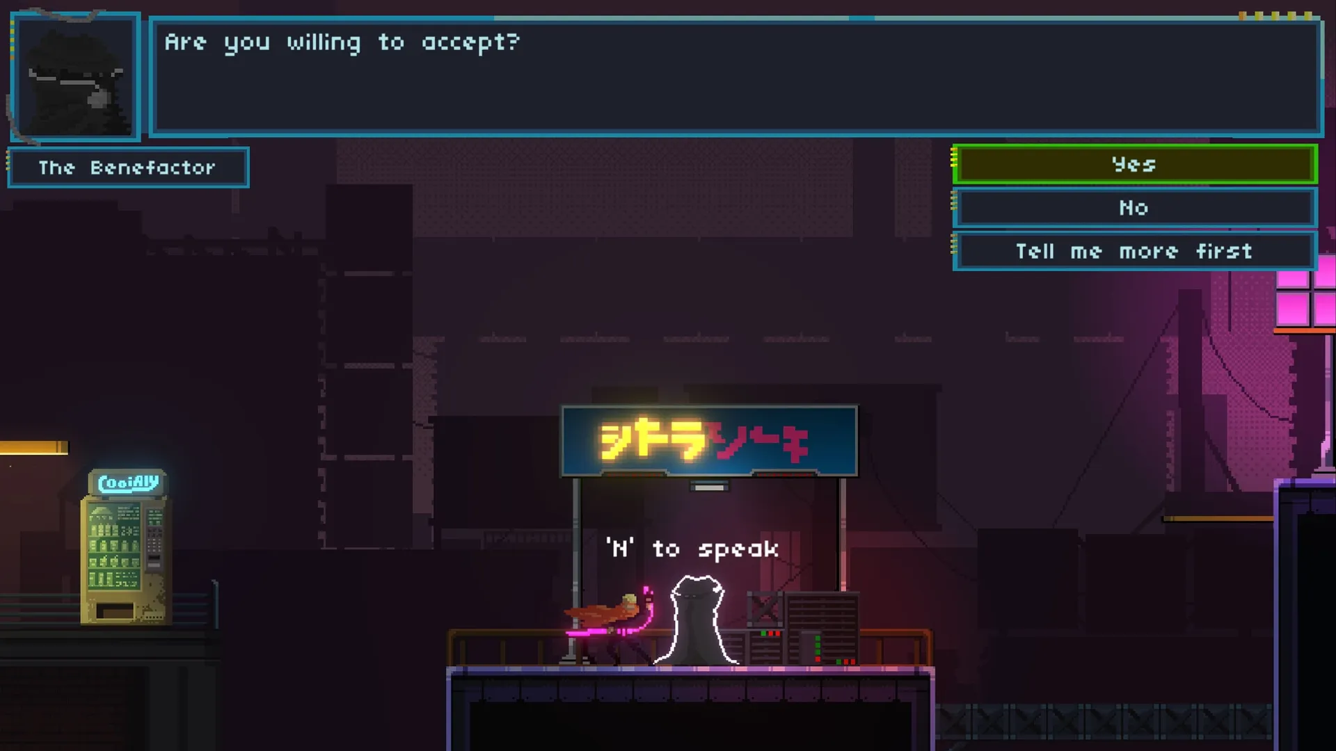 Seeker: Dialogue choice with The Benefactor in neon-lit dystopian city setting