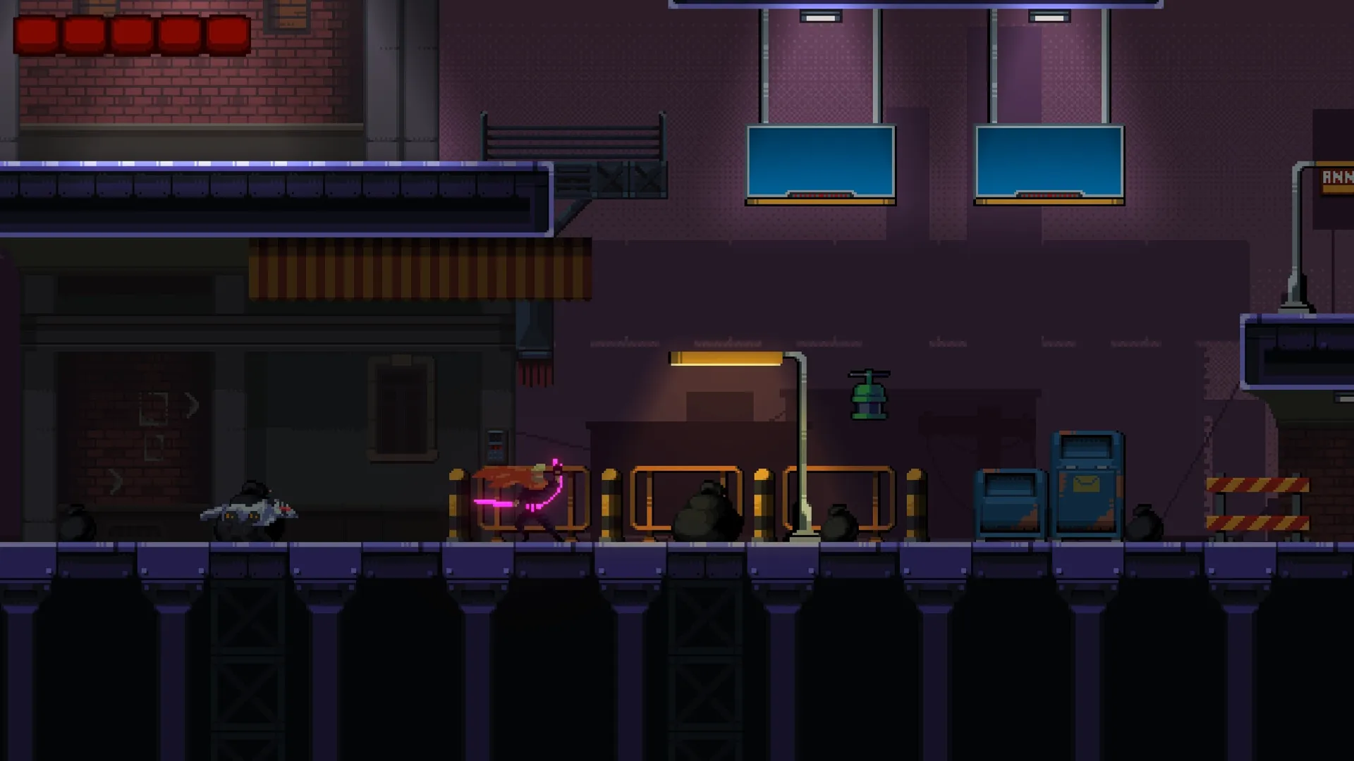 Seeker: Player character with glowing sword runs through a dimly lit urban platform with obstacles.