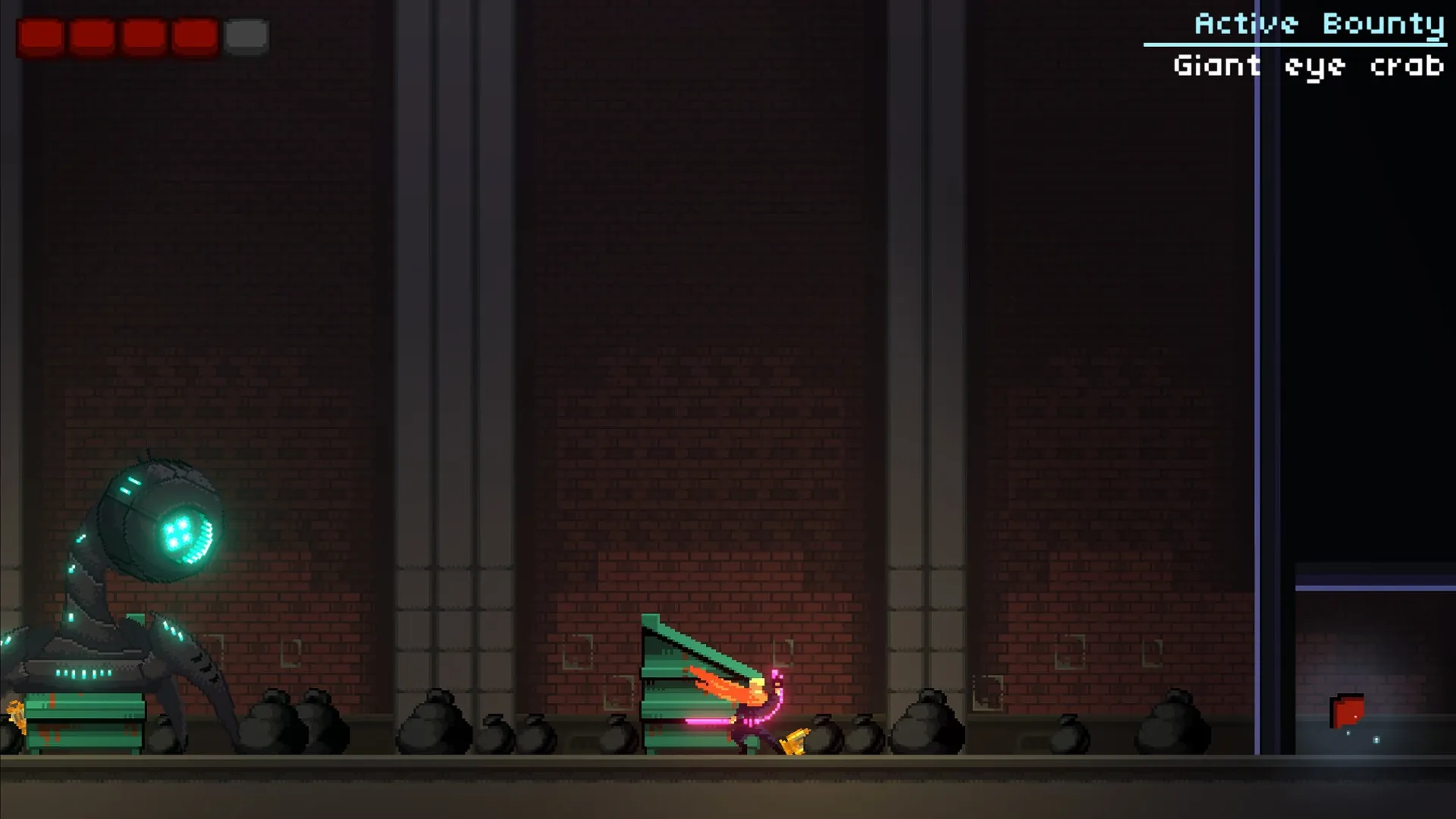Seeker: Combat with a giant robot in a dark, industrial corridor with health bar and bounty display
