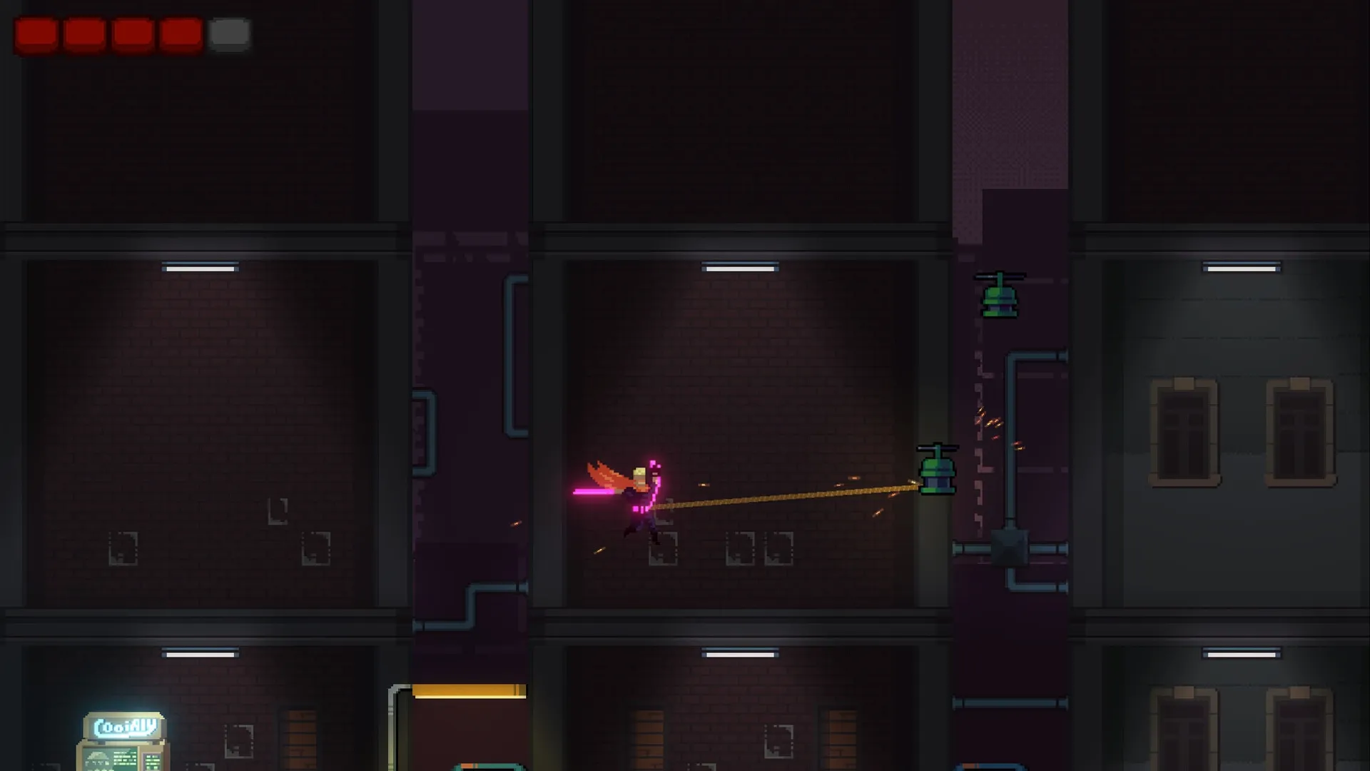 Seeker: Character grappling across a dark industrial building with neon-lit sword in dystopian city