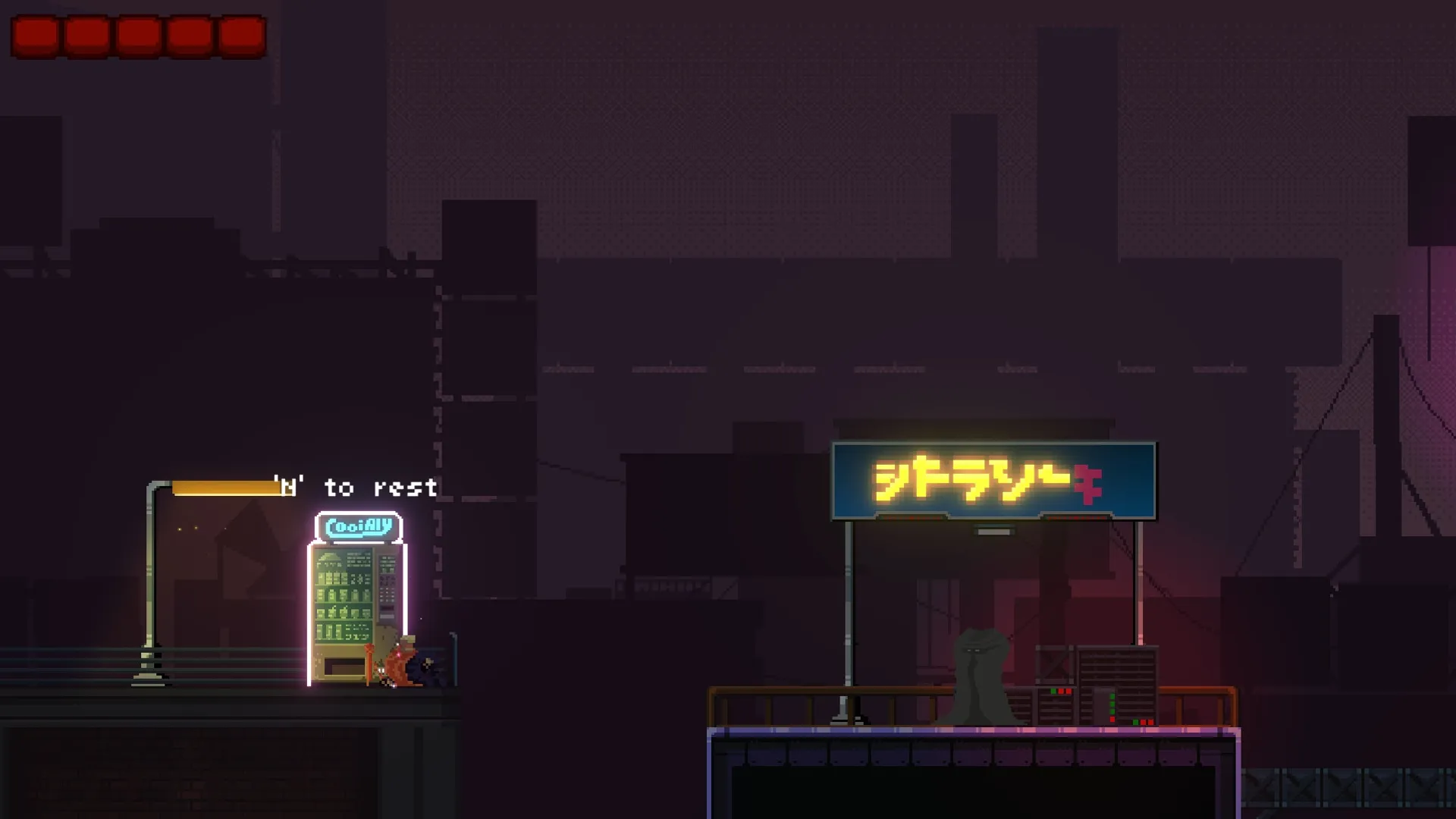 Seeker: Character resting by vending machine in dystopian city with neon sign and health bar visible