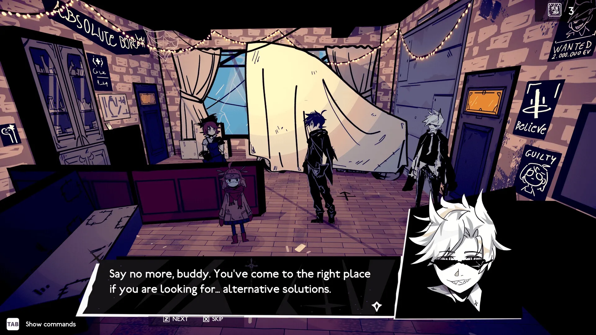 Seekers Aeterna: Characters conversing in a dimly lit room with posters and string lights on walls.