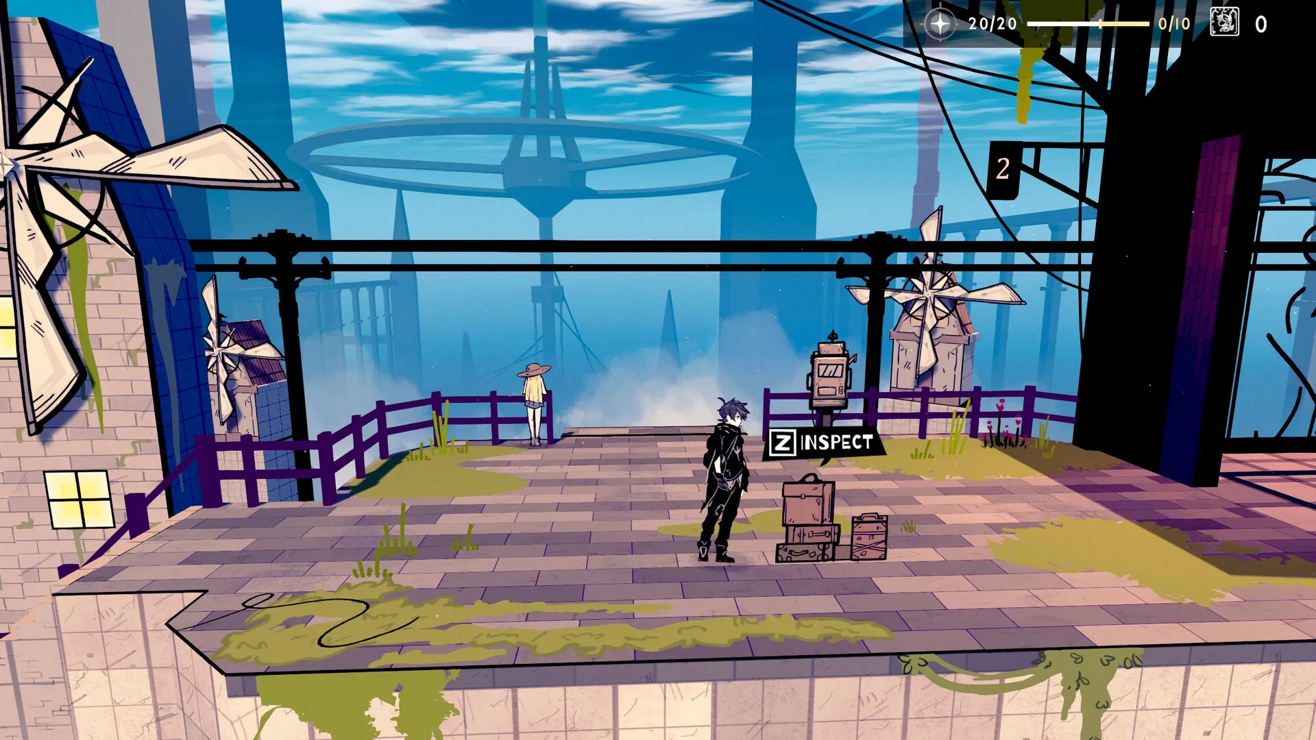 Seekers Aeterna: Main character inspects items on a rooftop with distant towers and windmills visible.