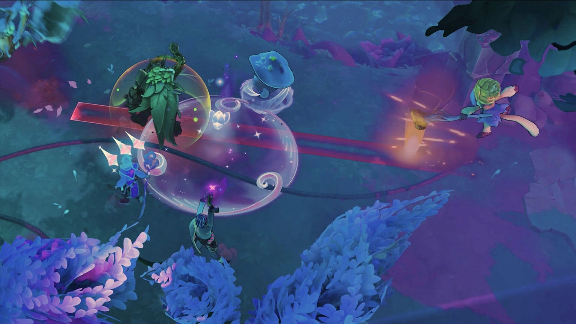 Seekers of Skyveil: Four heroes in magical combat with vibrant spells in a mystical forest setting.