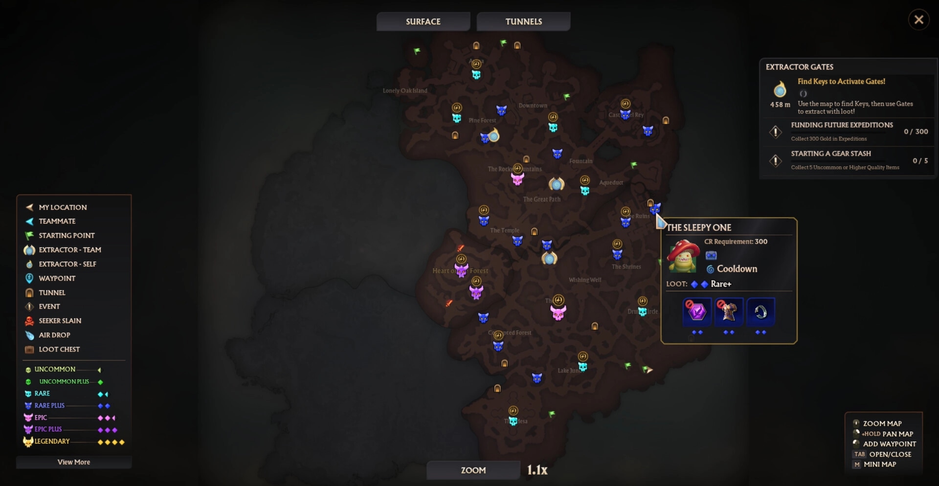 Seekers of Skyveil: Detailed map interface showing extraction gates, loot locations, and character info.