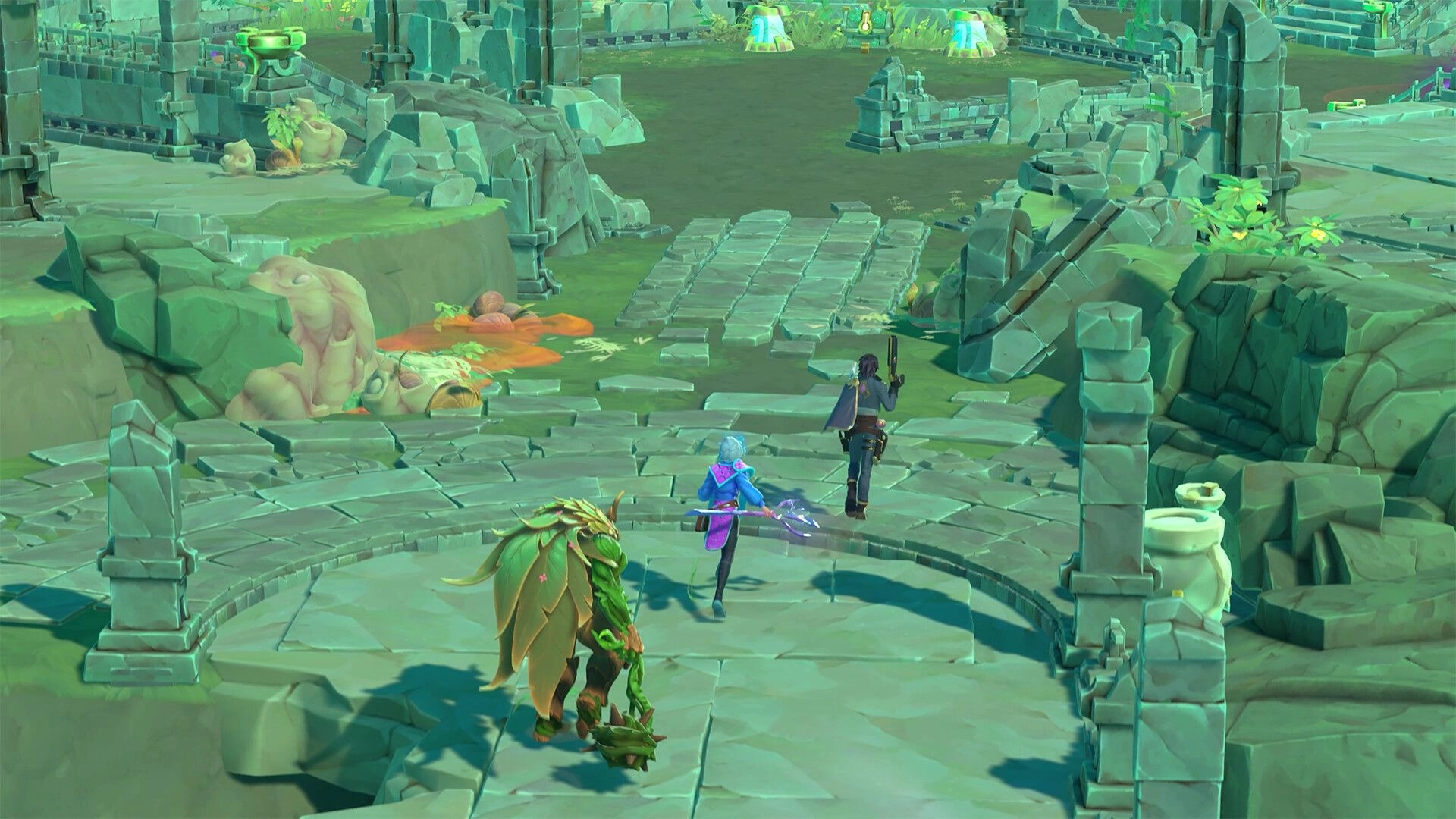 Seekers of Skyveil: Three heroes navigate ancient ruins, preparing for battle in a lush, overgrown landscape.