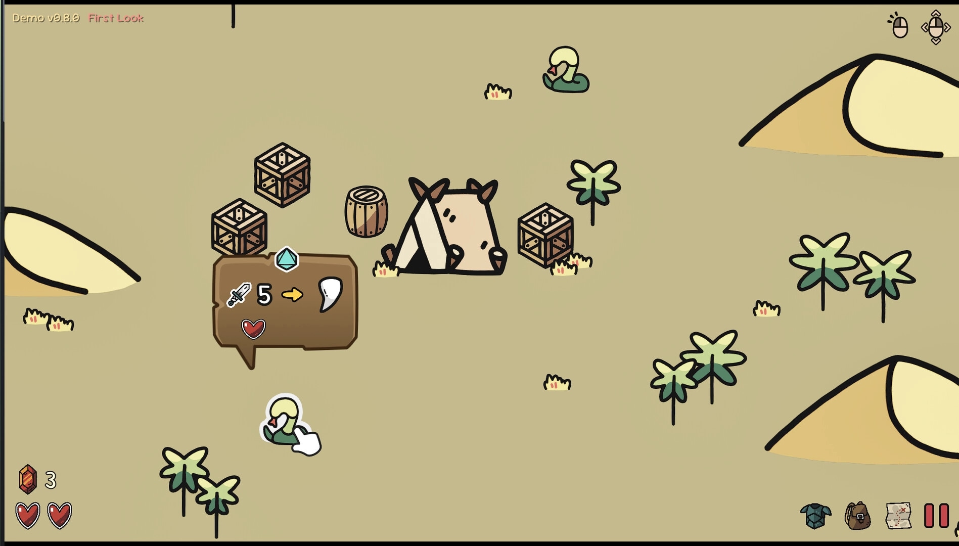 Seeking Adventure: Character interacting with dog near crates and trees in desert setting