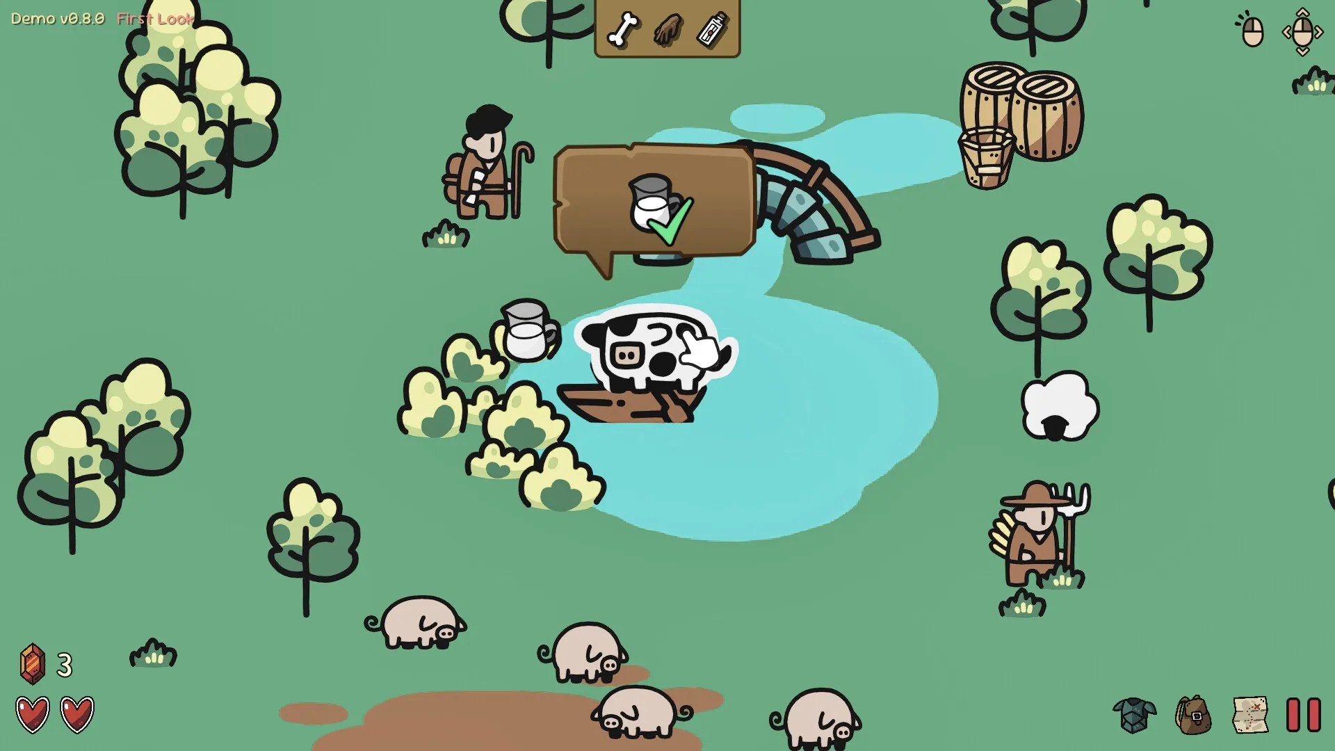 Seeking Adventure: Character milking cow by pond in pastoral landscape with scattered trees and pigs