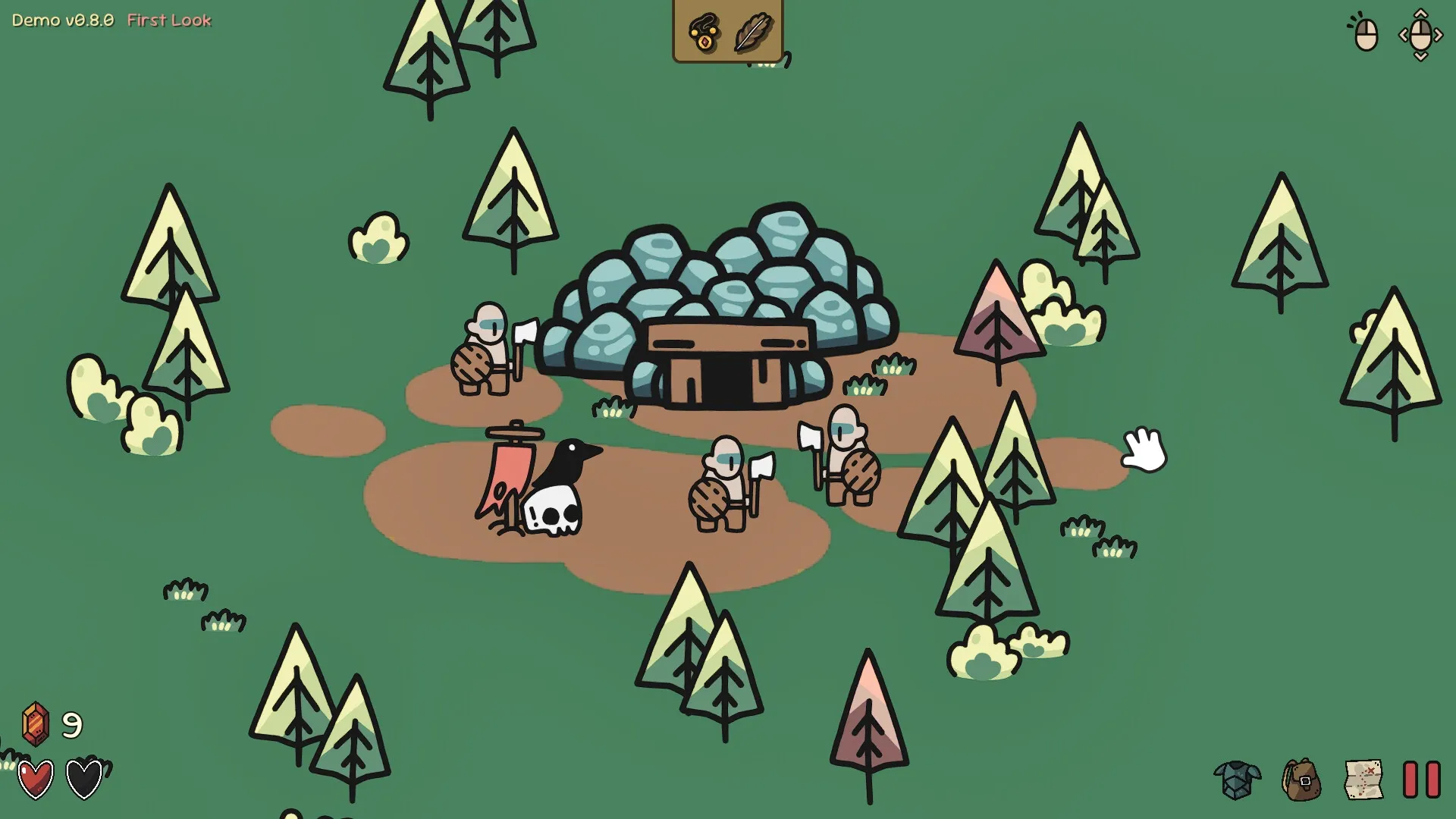 Seeking Adventure: Characters gather near a stone hut in a forest setting, with inventory icons visible.