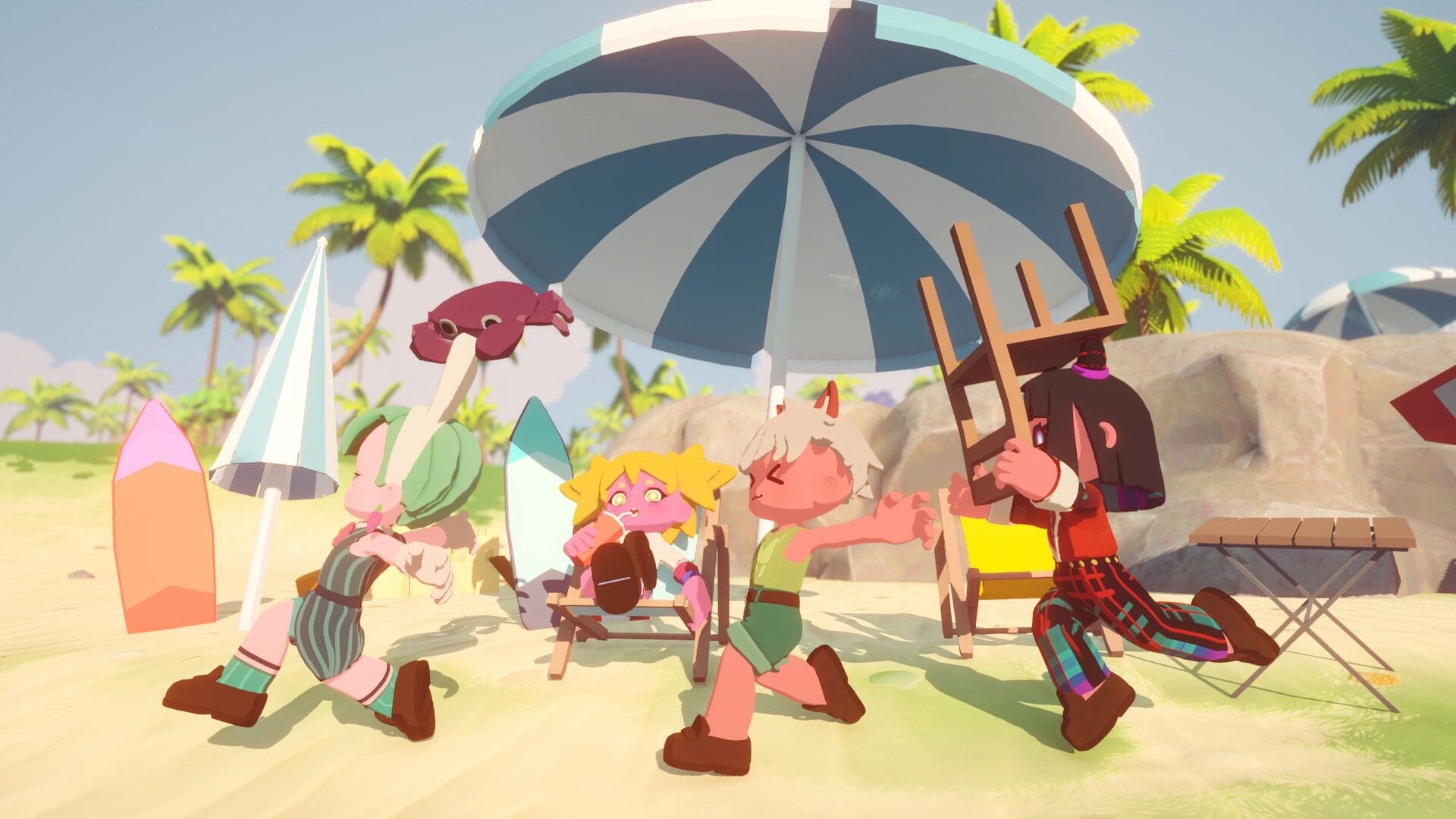 Seikyu Let’s Go!: Four chibi campers playing on a sunny beach with umbrellas, surfboards, palms.