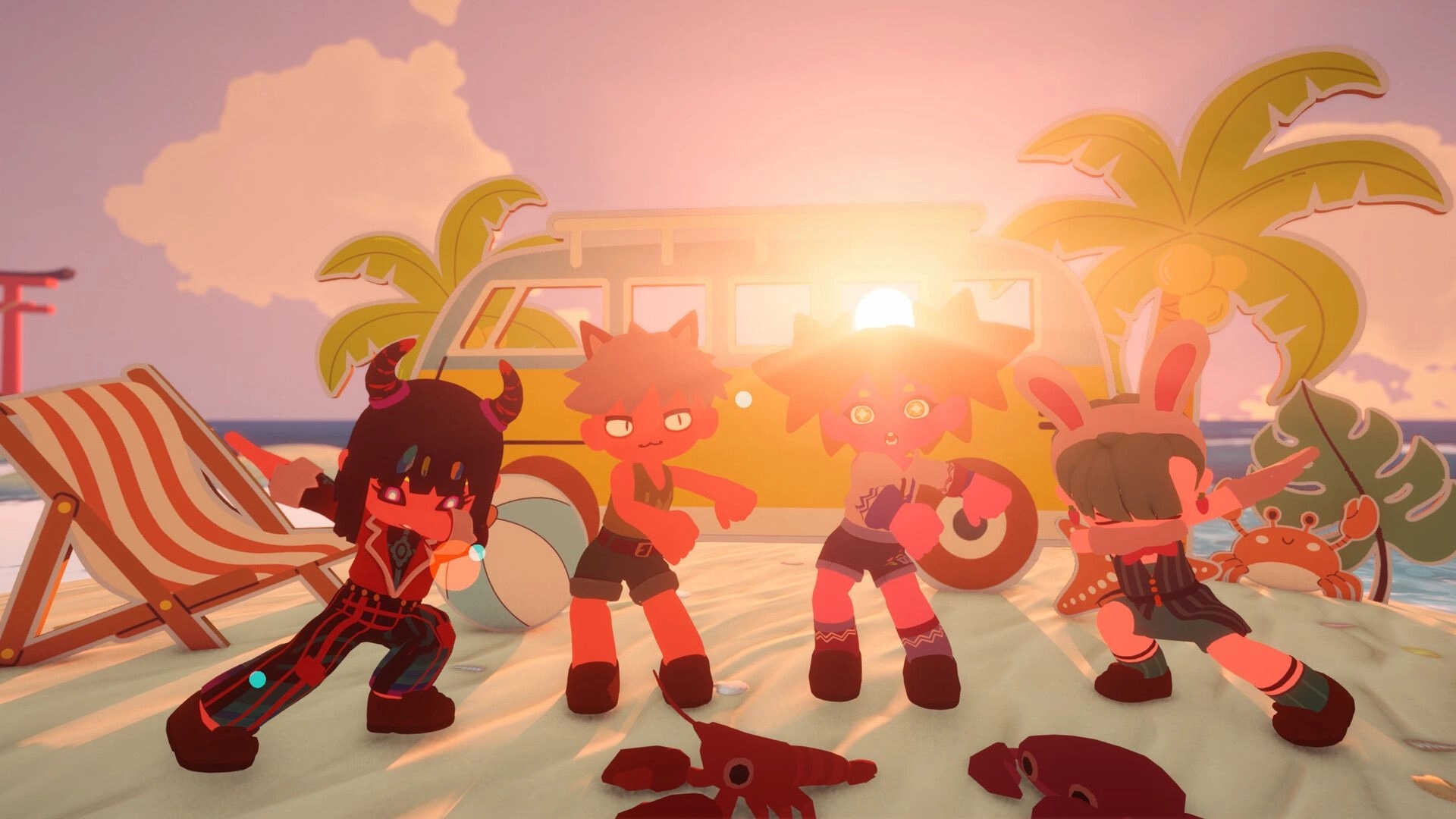 Seikyu Let’s Go!: Four chibi campers dancing on a beach by a van at sunset with palms and crabs.