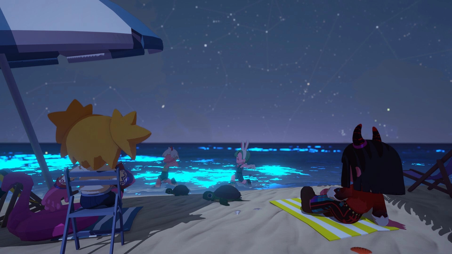 Seikyu Let’s Go!: Friends relax on a moonlit beach as others splash in glowing surf under stars.