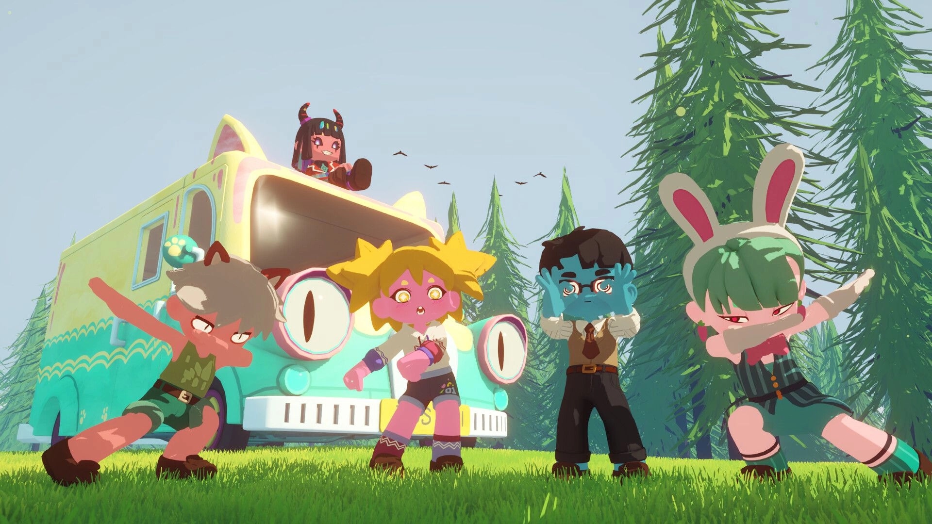 Seikyu Let’s Go!: Four chibi campers pose by a pastel van in a sunny pine forest clearing.