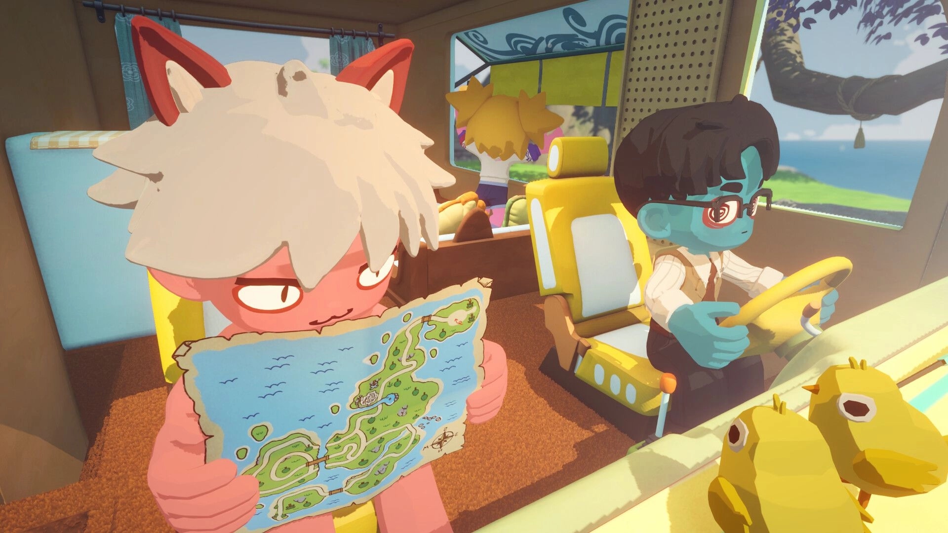 Seikyu Let’s Go!: Yokai pals ride in a campervan, one driving while another studies a map inside.
