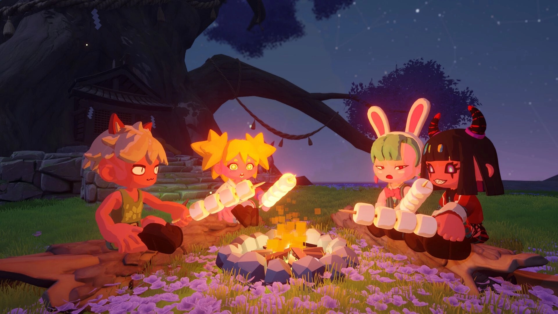 Seikyu Let’s Go!: Four friends roast marshmallows by a campfire under a giant tree at night.