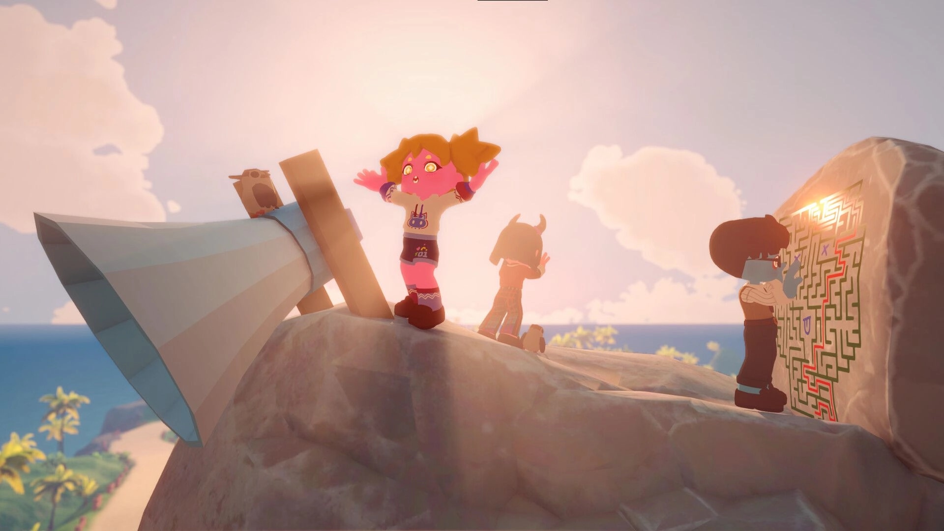 Seikyu Let’s Go!: Co-op kids on a cliff, one cheering, one mapping a maze rock by the sea.