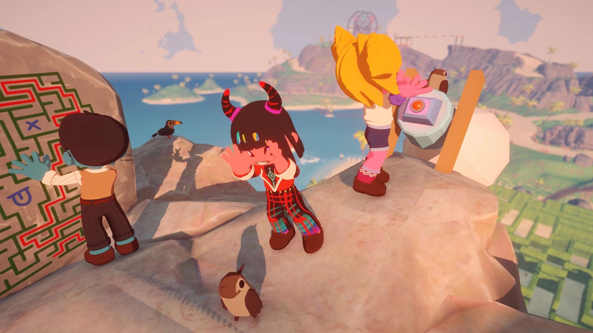 Seikyu Let’s Go!: Three chibi adventurers on a cliff by a maze stone, ocean vista behind.