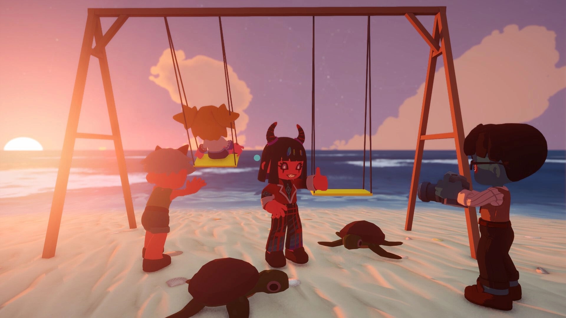Seikyu Let’s Go!: Friends by seaside swings as one takes a photo and turtles crawl at sunset.