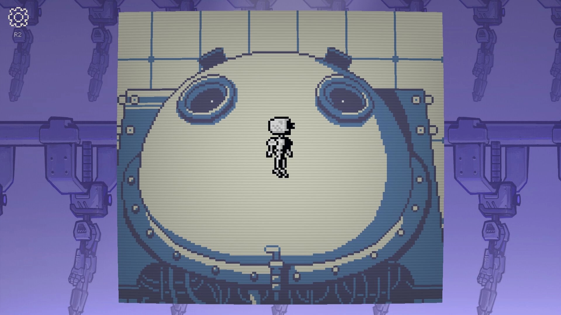 Self Simulated: Robot avatar stands before a giant pod face in a purple sci-fi lab with R2 prompt HUD.