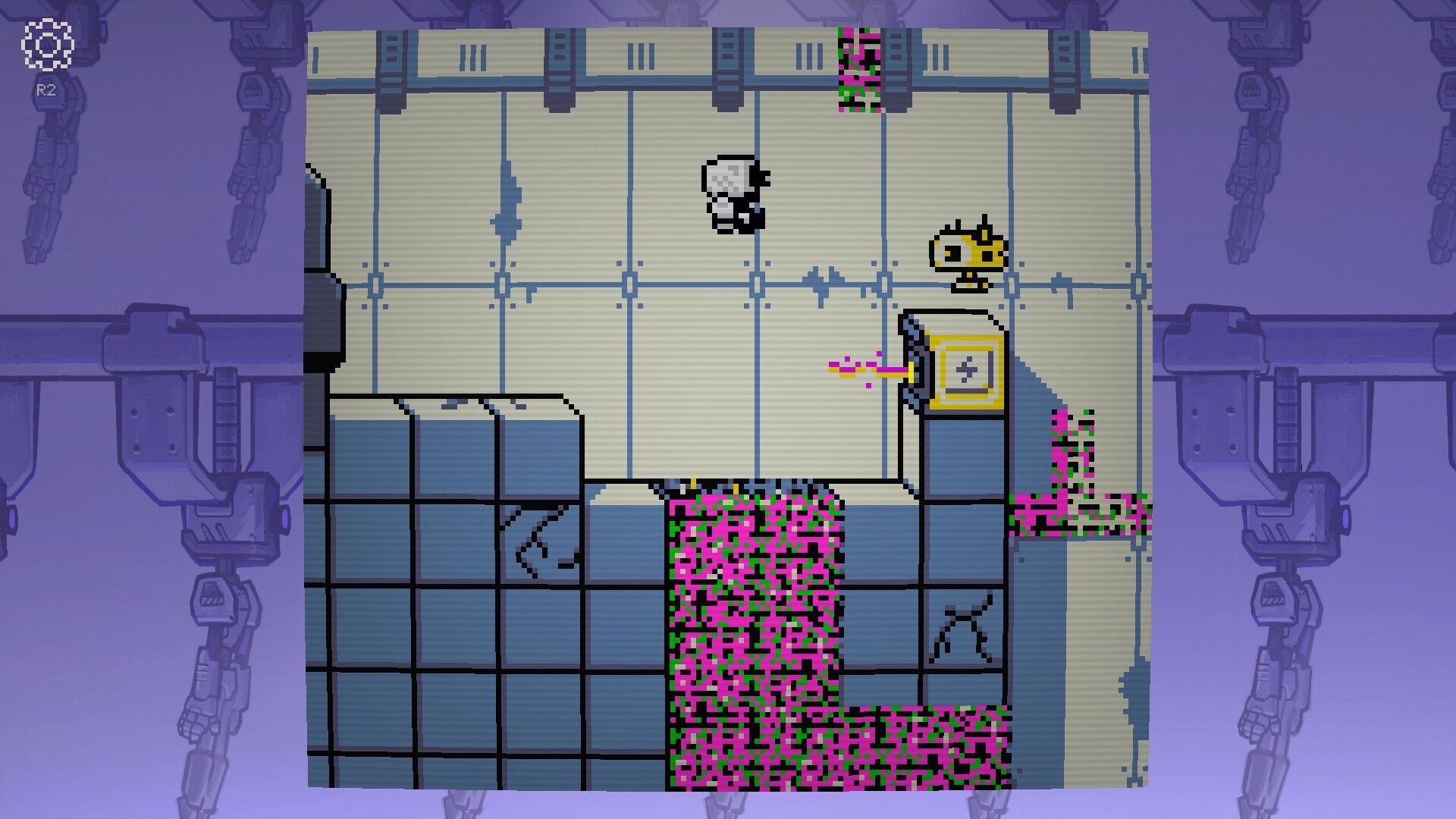 Self Simulated: Robot jumps near yellow drone and laser switch in a tiled sci-fi room with glitch pits.