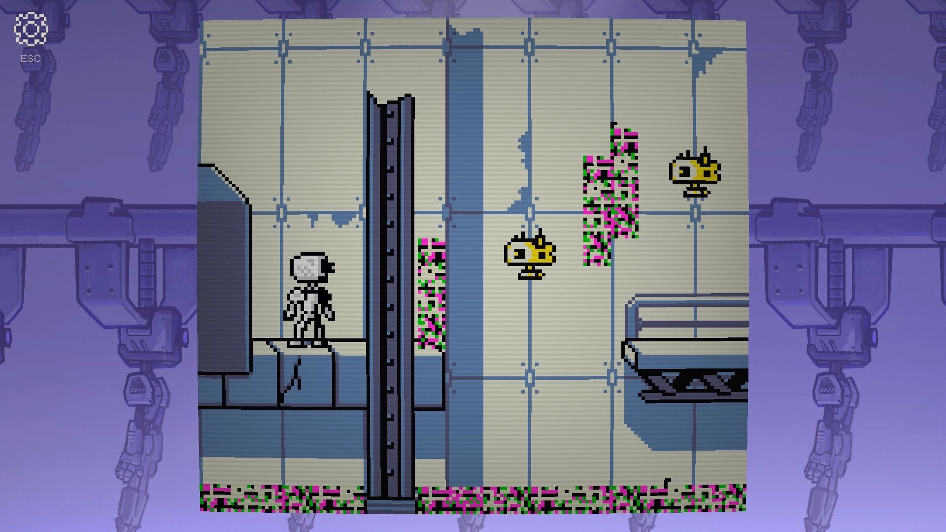 Self Simulated: Robot stands on a ledge near a vertical barrier and drones in a tiled lab room.