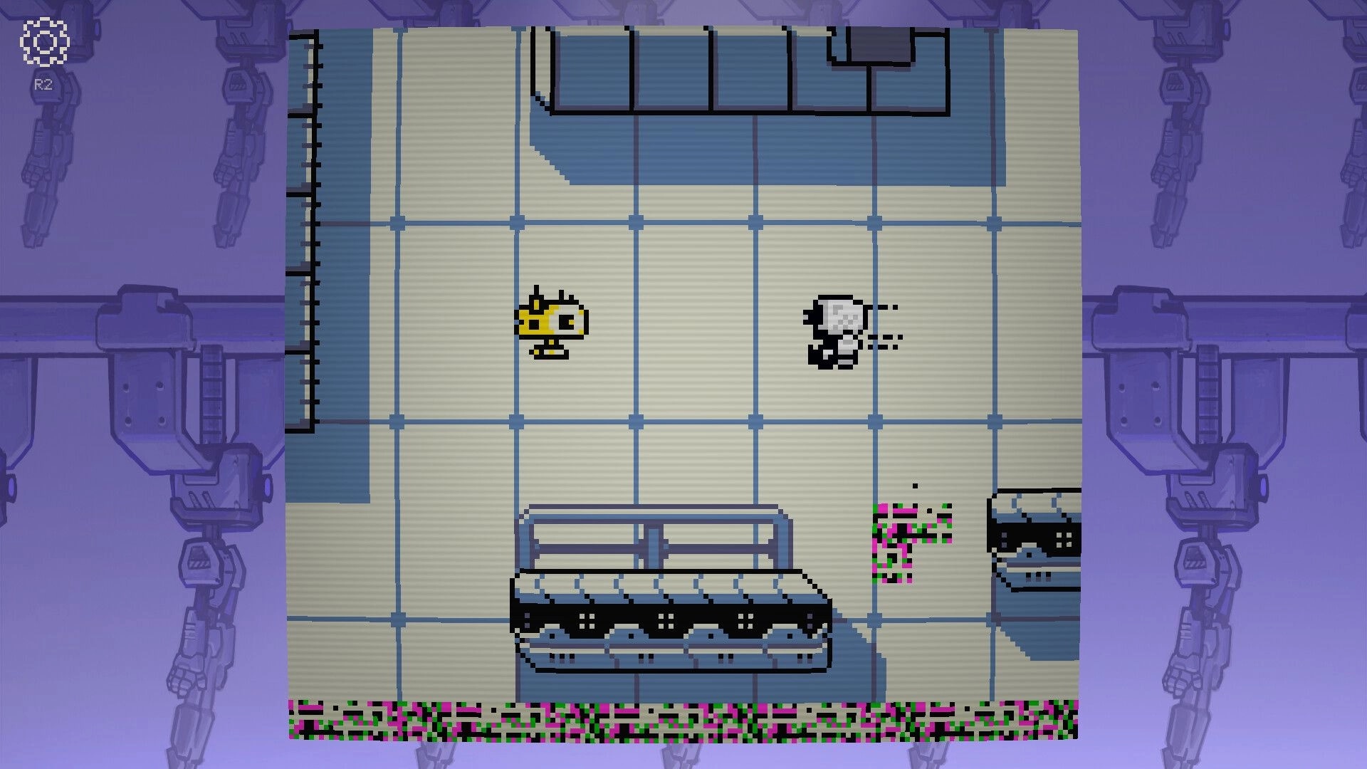 Self Simulated: Robot avatar dashes past a yellow drone on a tiled lab room with glitchy floor hazards.