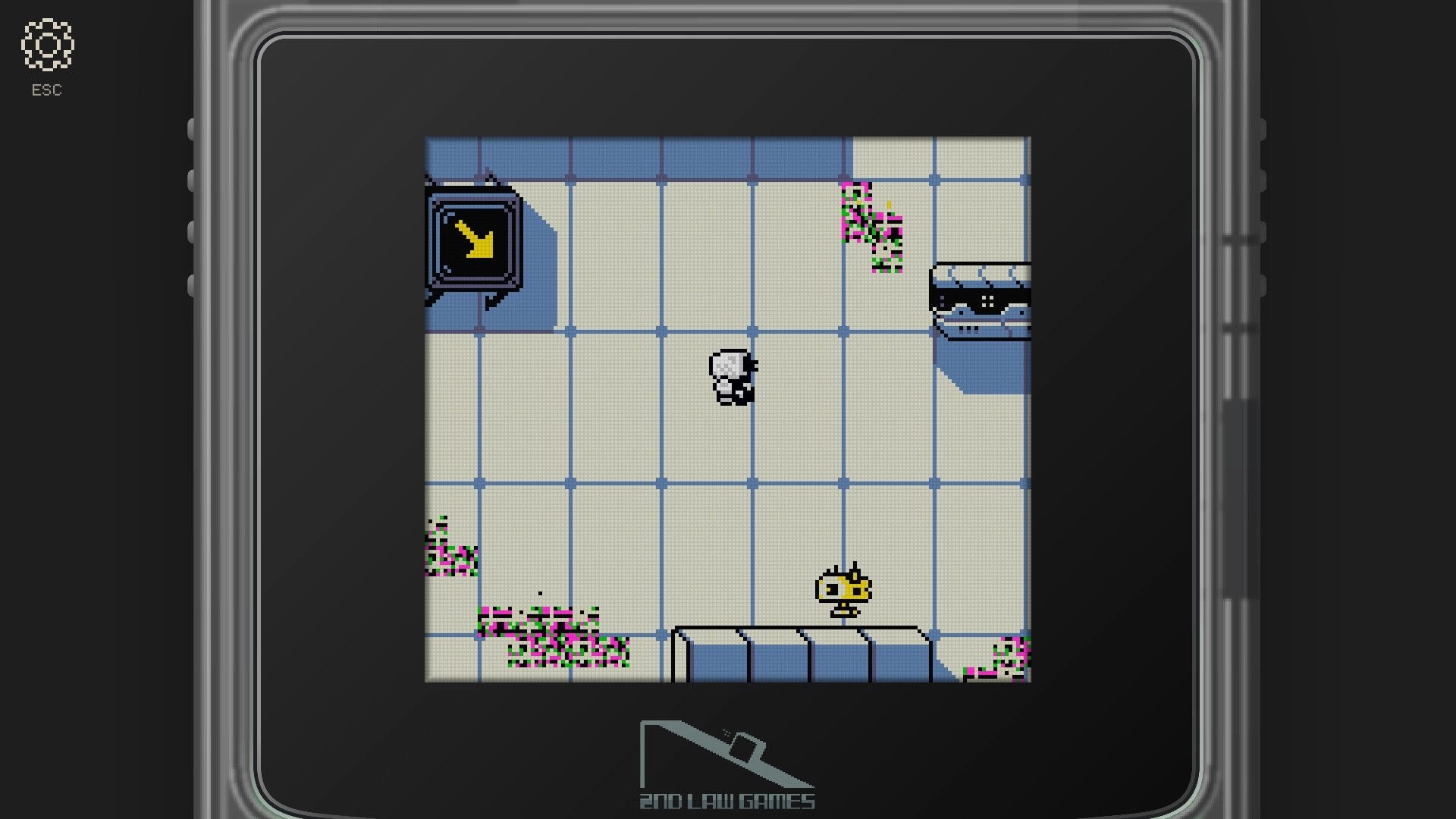 Self Simulated: Robot avatar on tiled grid room with glitch hazards, arrow sign, and enemy on ledge.