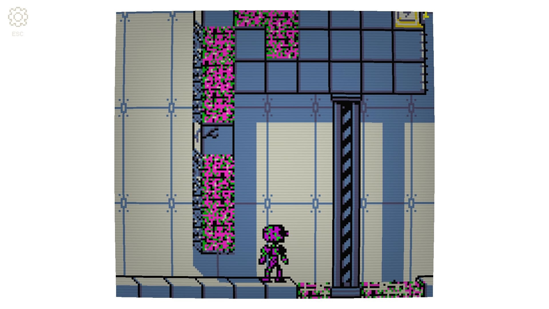 Self Simulated: Robot avatar stands by a striped door amid glitchy pink walls in a tiled lab corridor.
