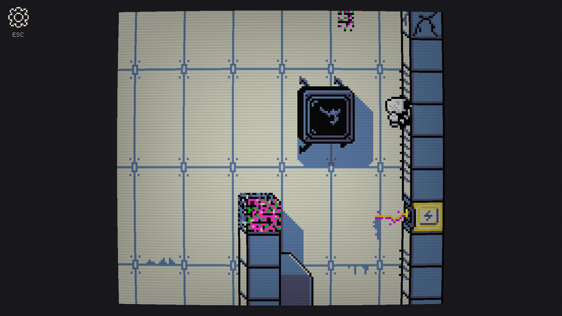 Self Simulated: Robot clings to right wall near a checkpoint tile in a tiled lab platform room.