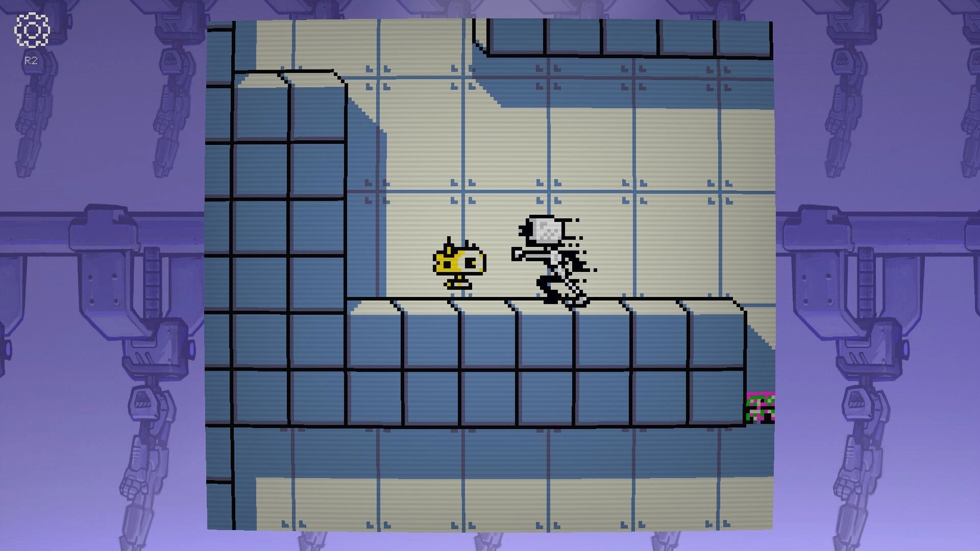 Self Simulated: Robot avatar runs past a yellow drone on tiled platforms in a sci-fi facility level.