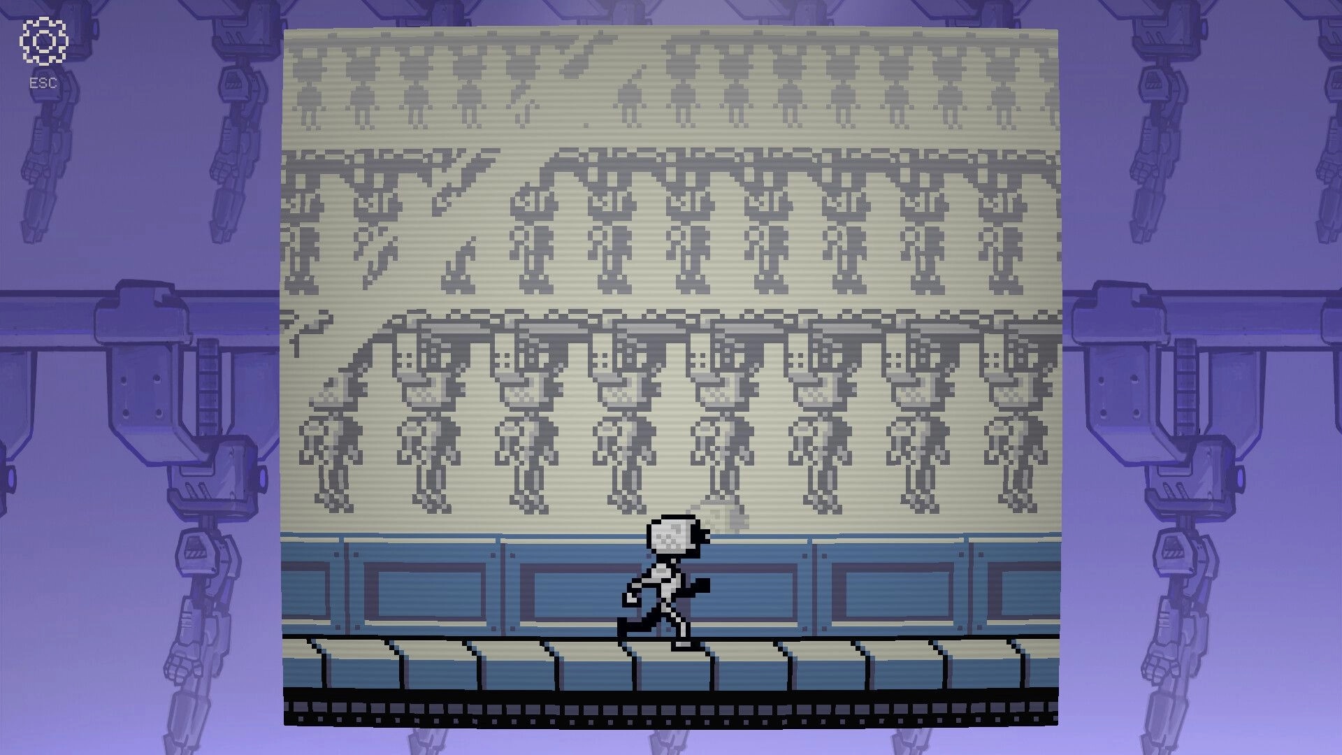 Self Simulated: Robot runner dashes past pixel murals in a blue sci-fi corridor with ESC icon UI.