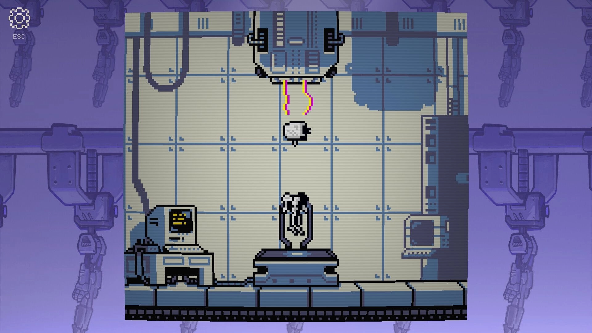 Self Simulated: Small robot drops from a ceiling pod into a lab room with computer and capsule bed.