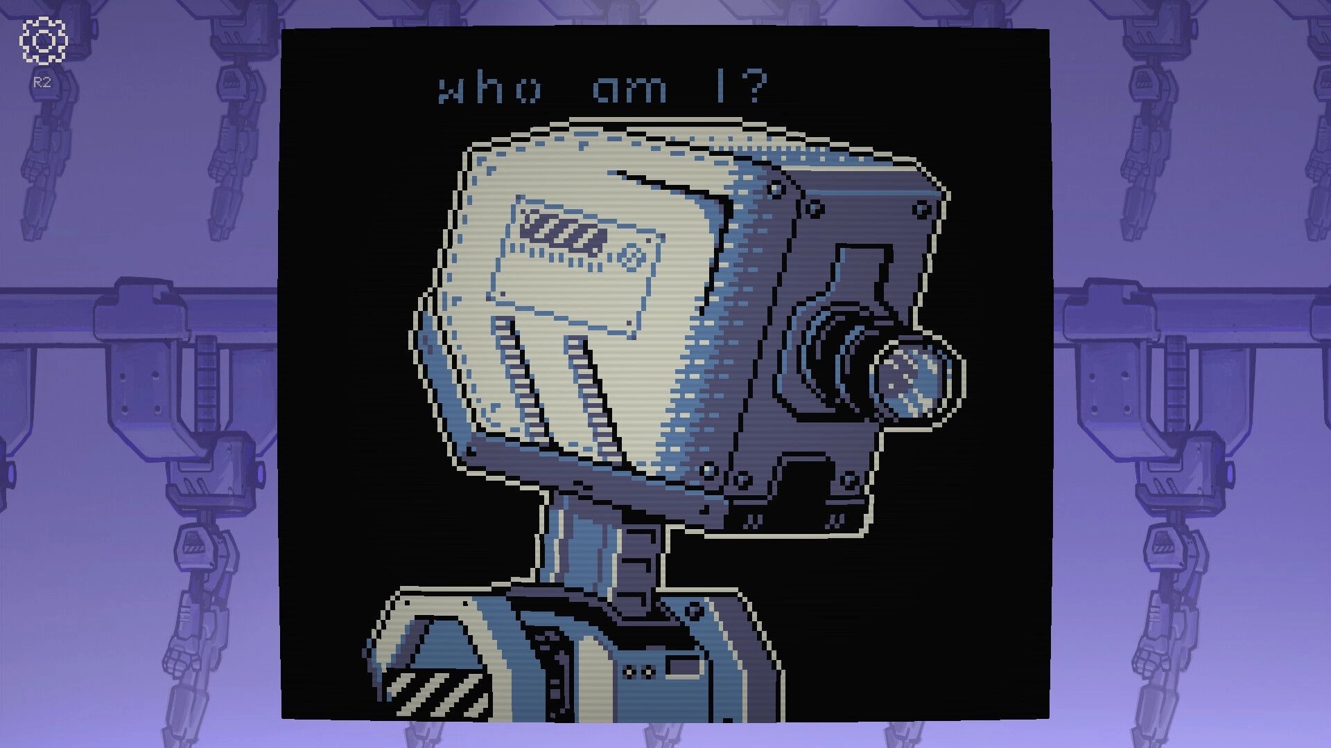 Self Simulated: Pixel-art robot head close-up with "who am I?" text on black screen, R2 icon left.