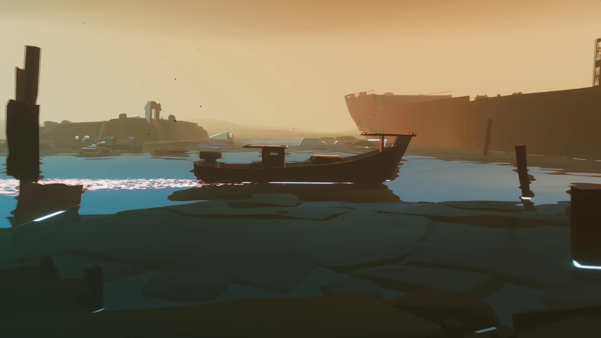 SELINI: Small boat floating in foggy wasteland waters near abandoned machinery and large ship remains.