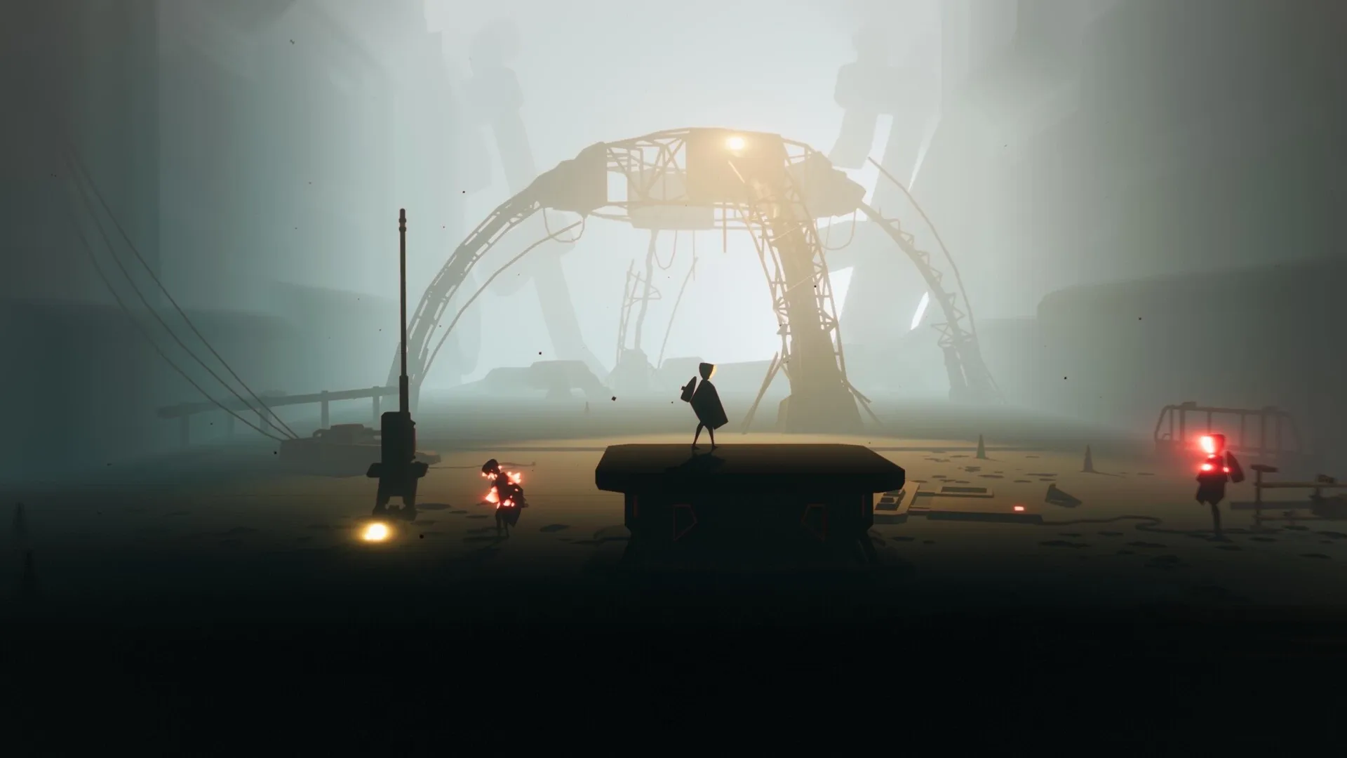 SELINI: Lone figure stands on platform amidst foggy ruins with glowing red robots in the distance