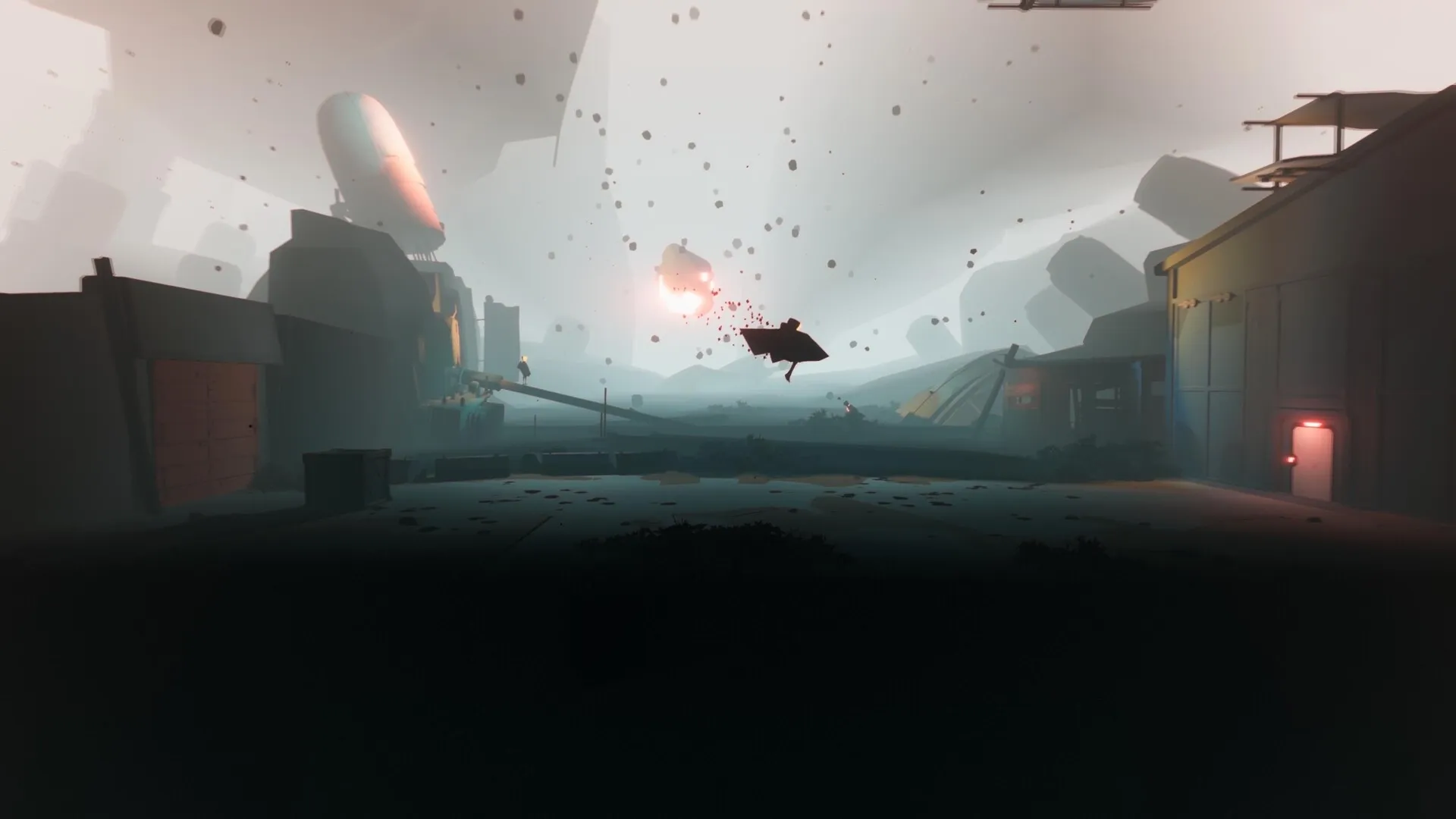 SELINI: Dark silhouette of floating figure amidst foggy ruins with distant glowing machinery