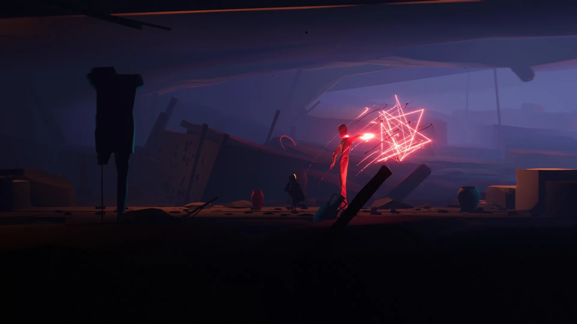 SELINI: Robot character generating red energy field in dark, cluttered underground environment