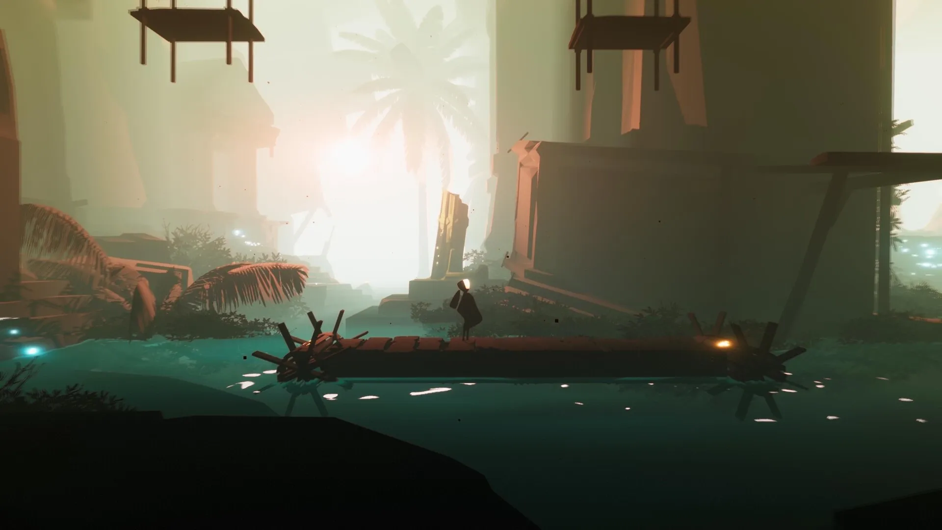 SELINI: Character walks on wooden platform in foggy wasteland with palm trees and abandoned structures.