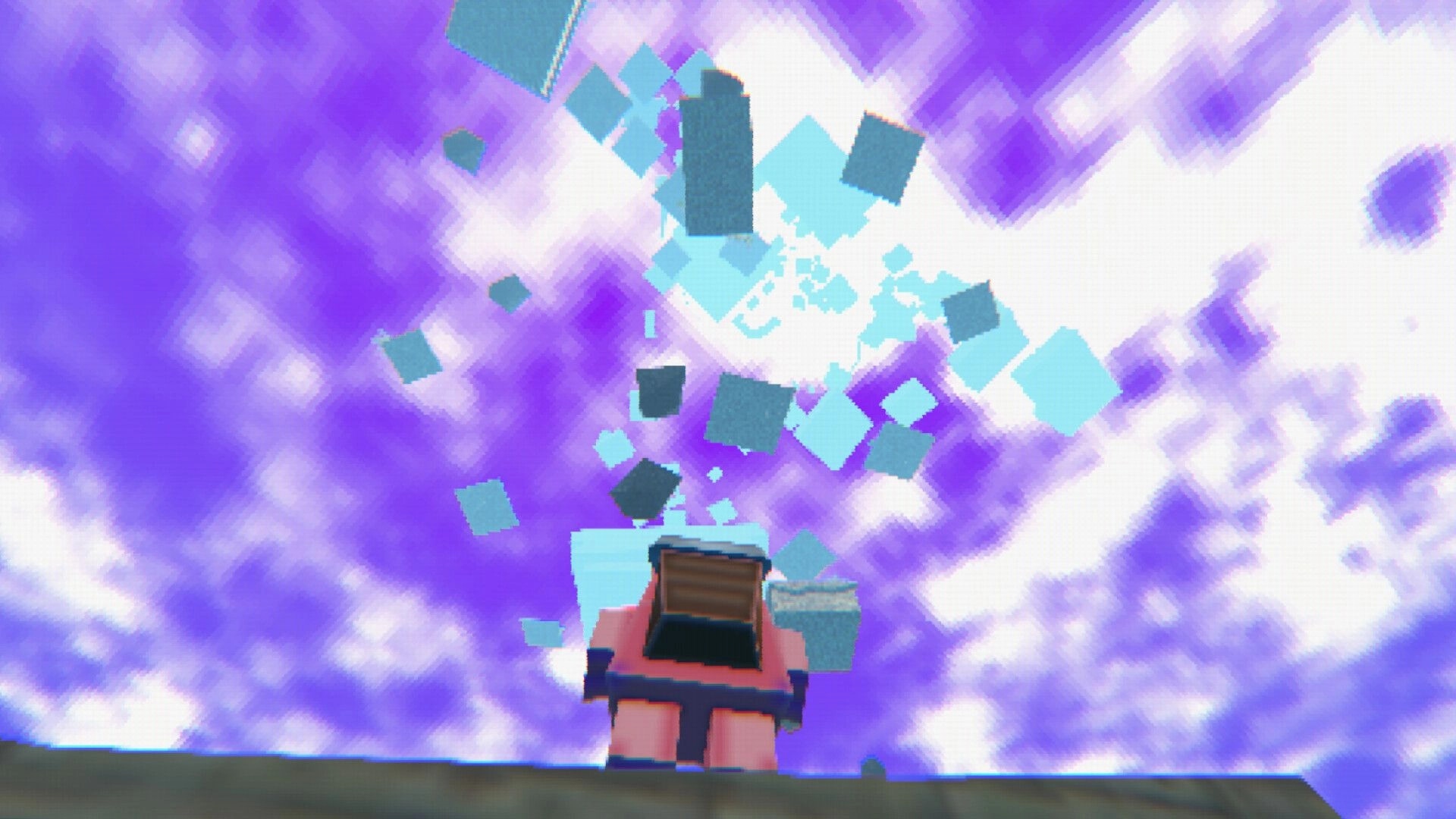 SEMP 64: Character looking up at floating blocks in a vibrant purple sky environment