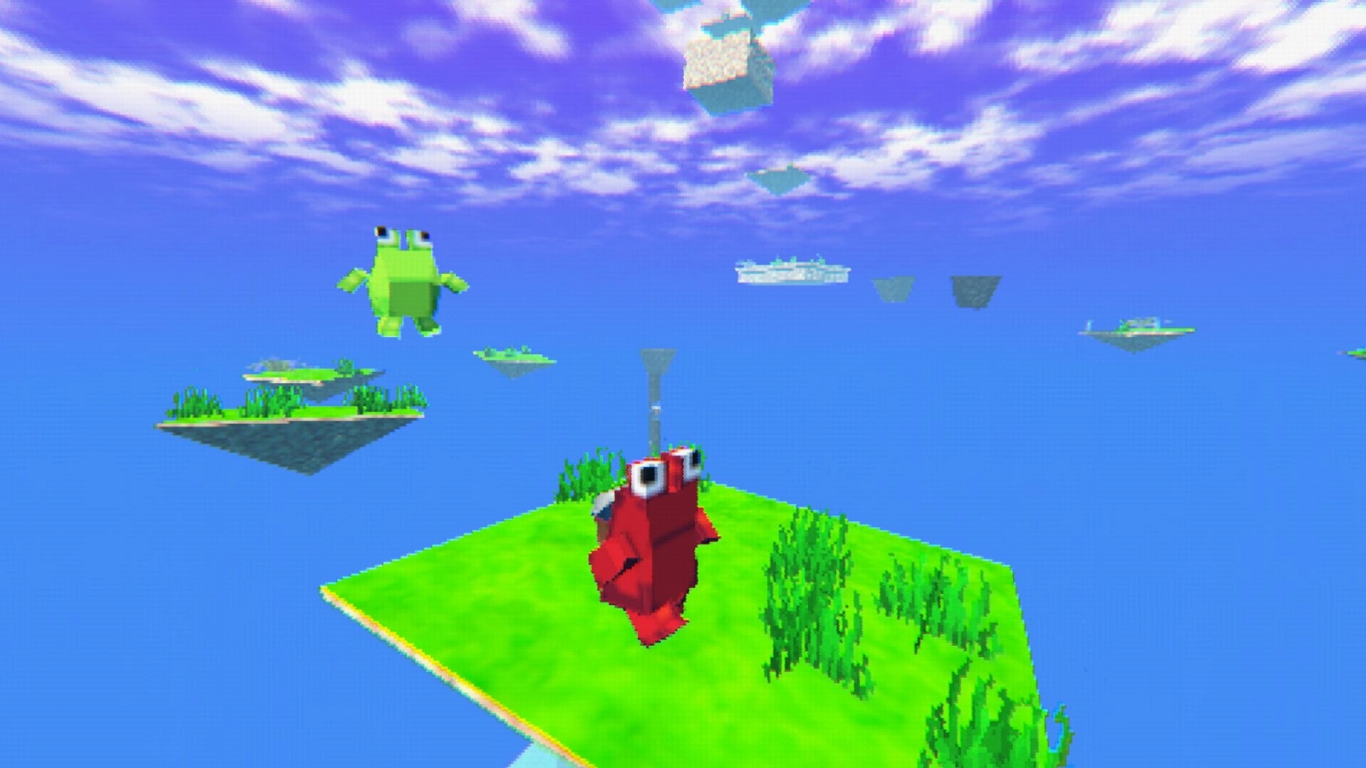 SEMP 64: Red character on grassy floating platform with green character jumping in bright blue sky.
