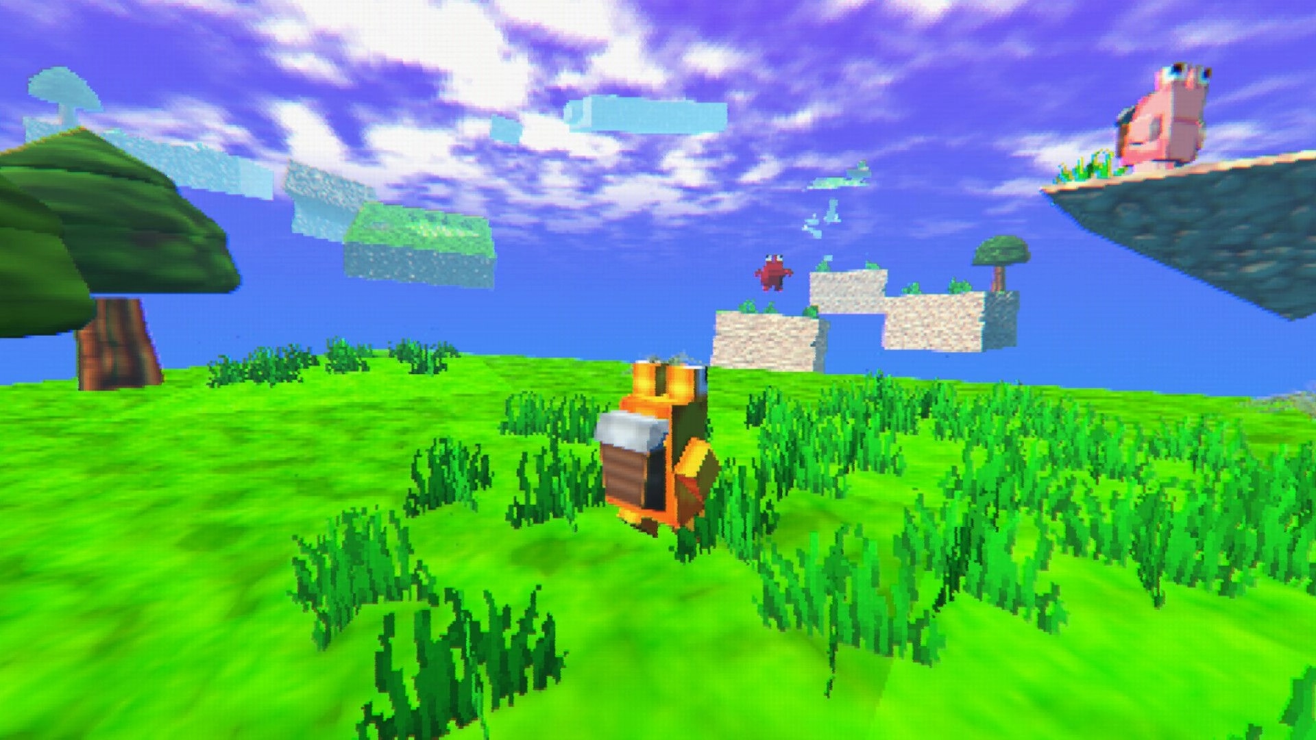 SEMP 64: Orange character explores grassy floating islands under a vibrant sky with clouds and trees
